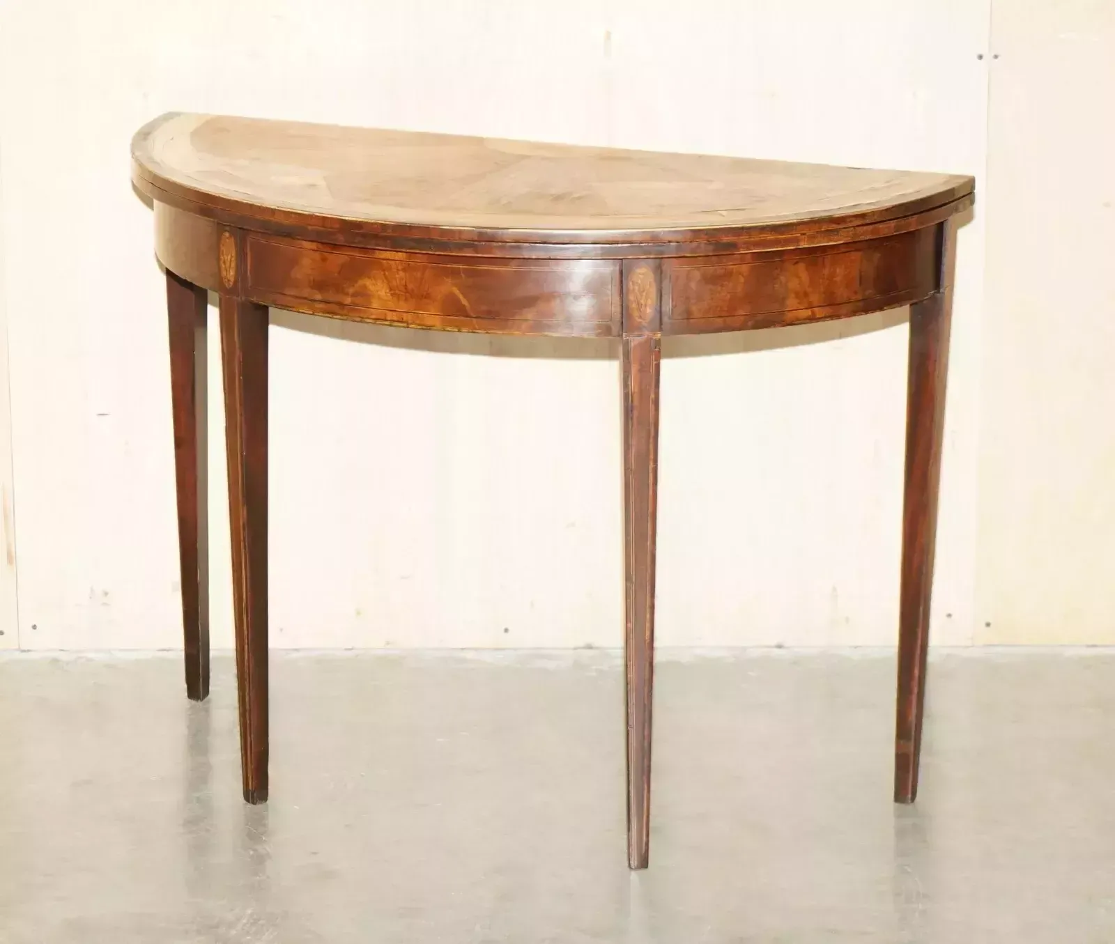 Original Distressed Antique Georgian Sheraton Demi Lune Carved Table Leather Top photo furniture