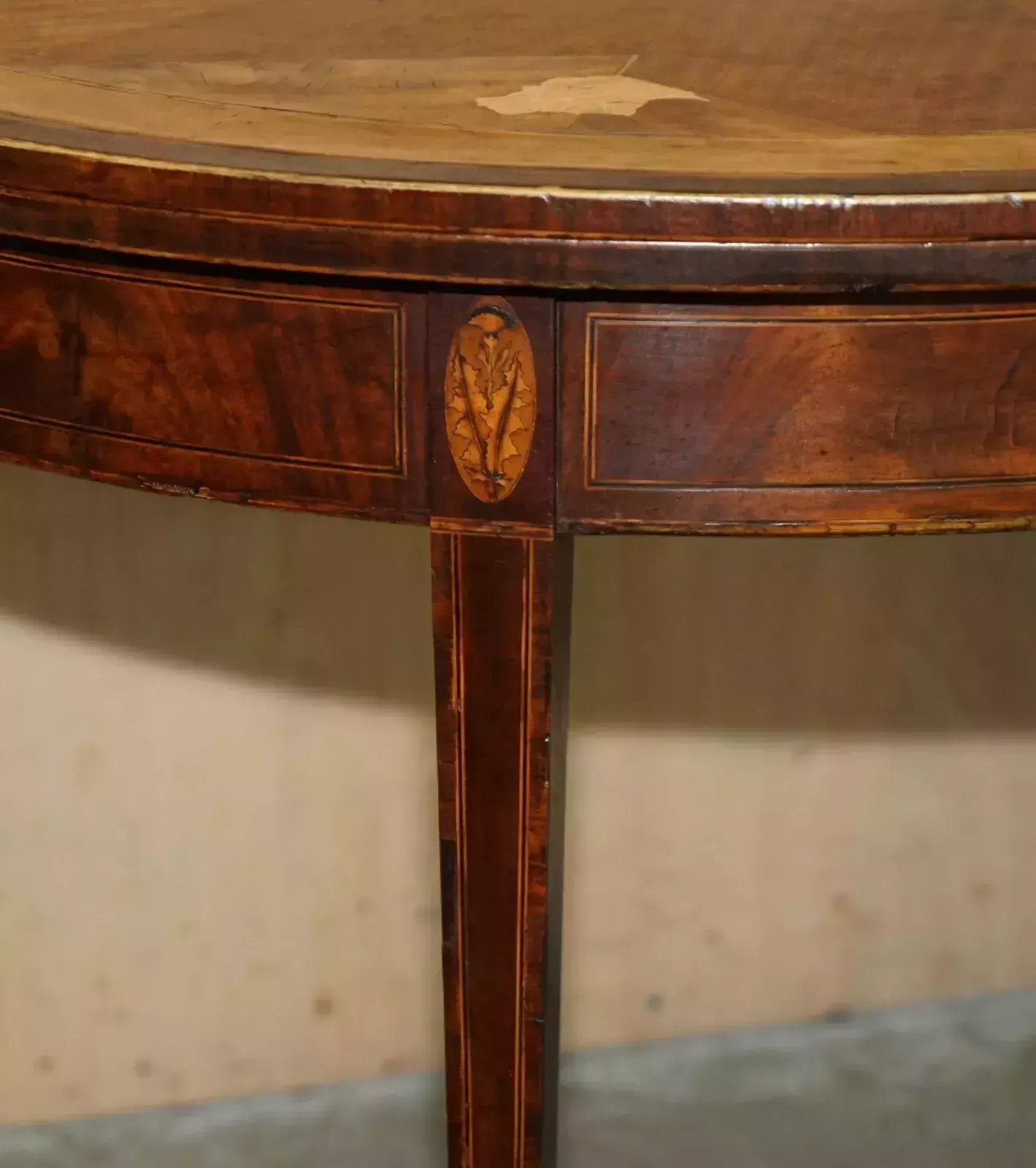 Original Distressed Antique Georgian Sheraton Demi Lune Carved Table Leather Top photo Furniture