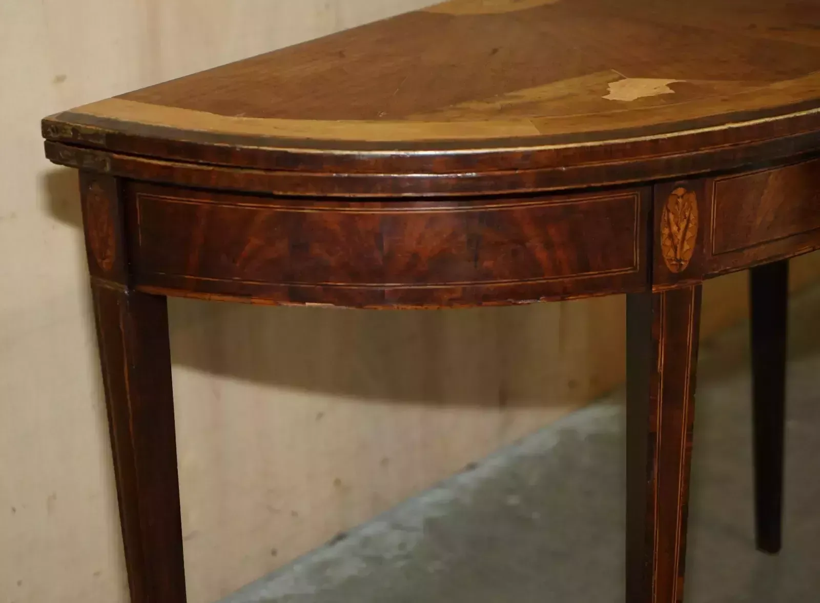 Original Distressed Antique Georgian Sheraton Demi Lune Carved Table Leather Top photo 1450.0