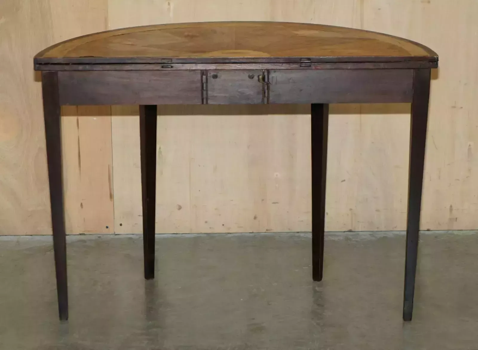 1450.0 Original Distressed Antique Georgian Sheraton Demi Lune Carved Table Leather Top photo