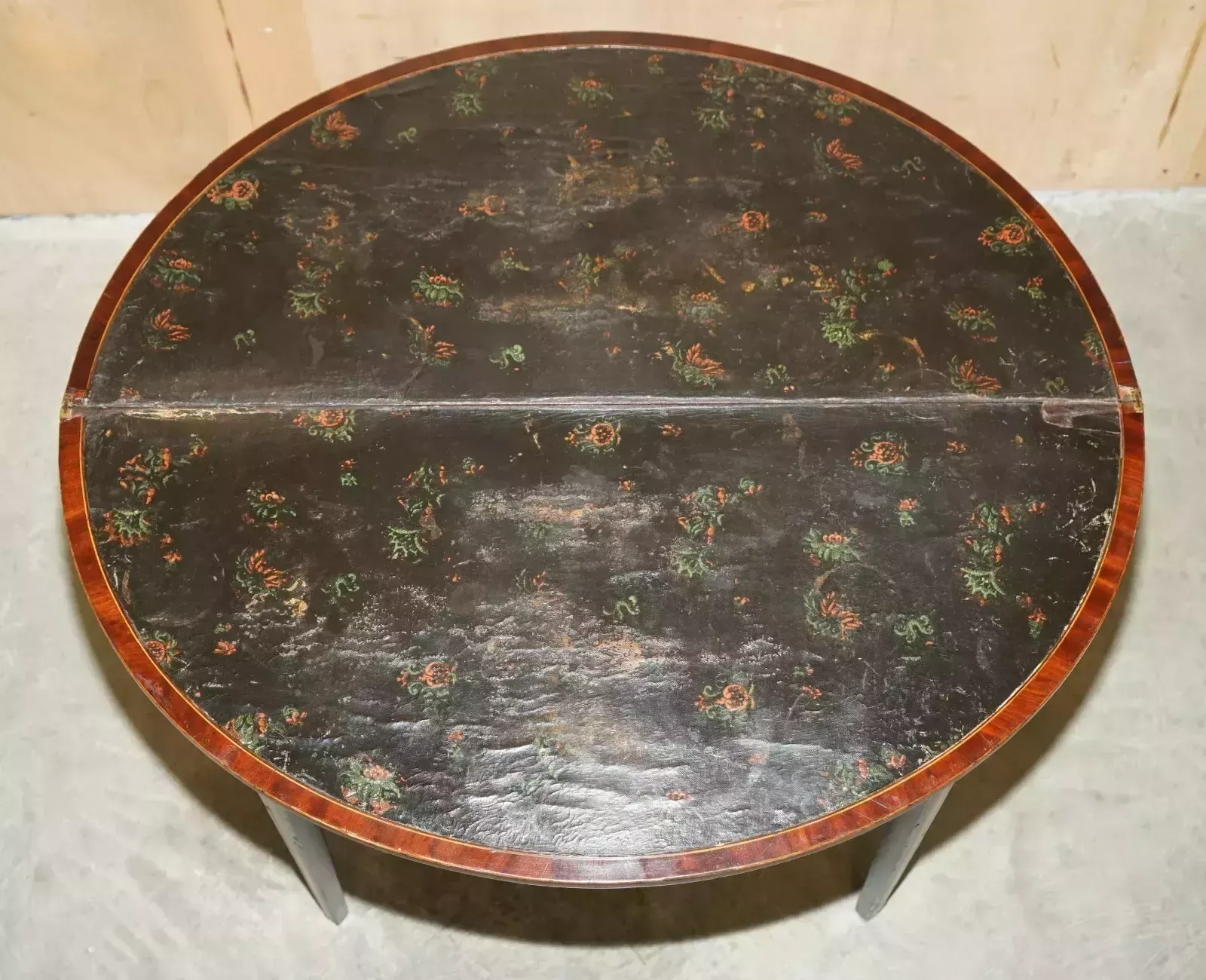 photo buy Original Distressed Antique Georgian Sheraton Demi Lune Carved Table Leather Top