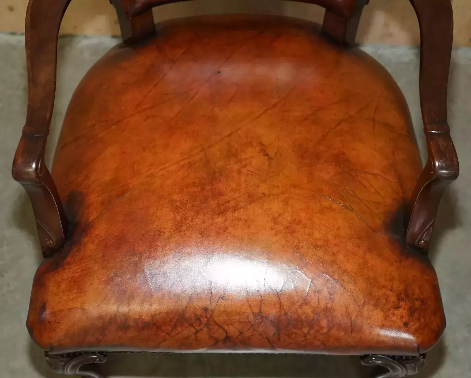 Antique Victorian Restored Hand Dyed Cigar Brown Leather Office Desk Chair photo vinterior