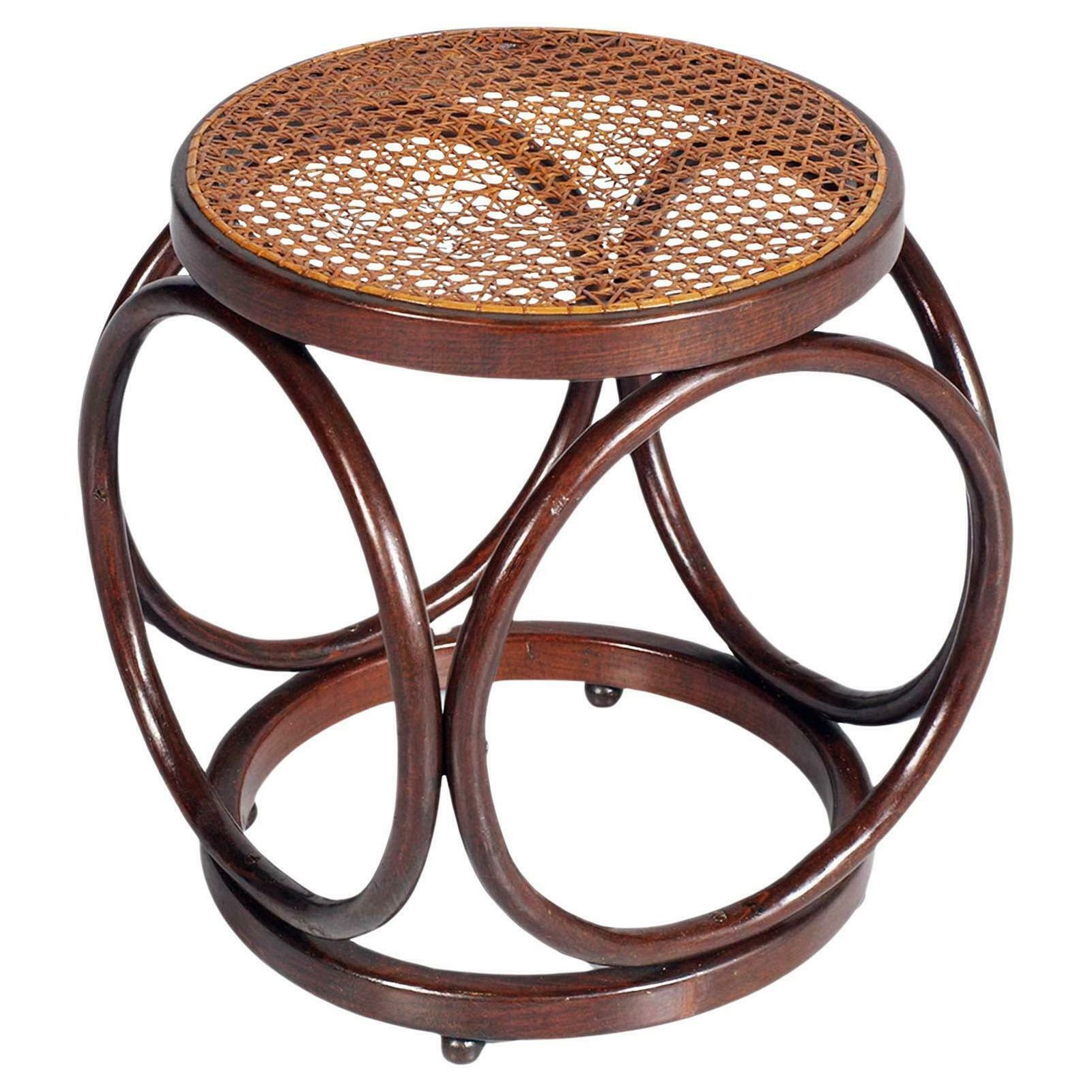 Art Deco Original Bentwood Stool , Rattan Cane Top, Designed By Michael Thonet
