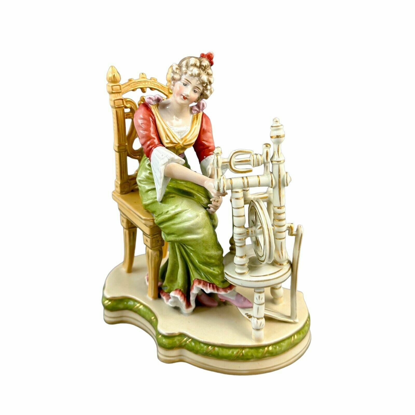 Antique Late 19th Century Sitzendorf Porcelain Figurine, Woman At Spinning Wheel