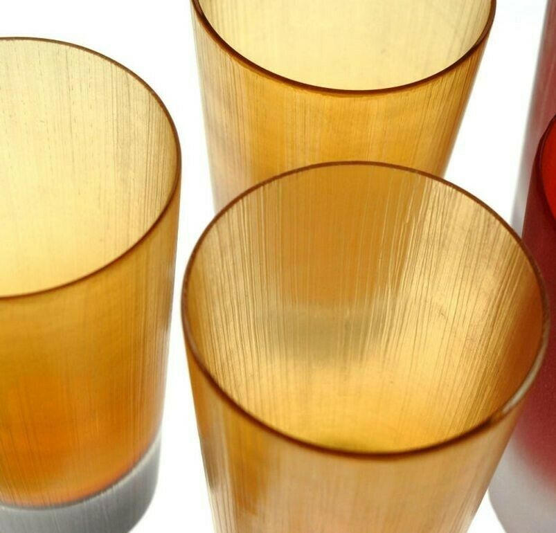 Cenedese, 8 Tumblers Red Or Amber, Incisi Velati Heavy Sommerso Murano Glass photo for sale