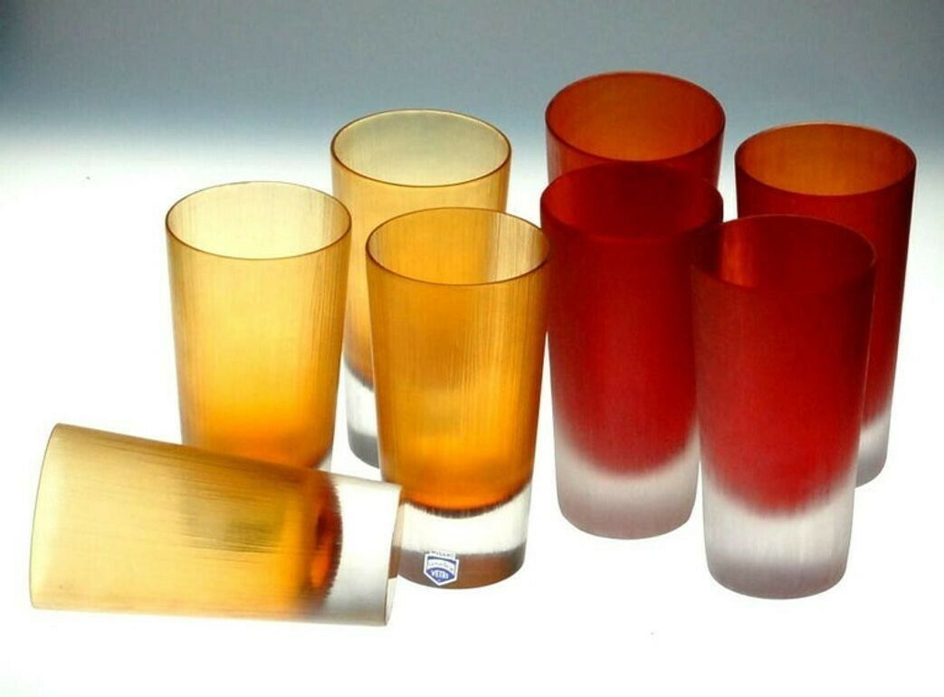 Cenedese, 8 Tumblers Red Or Amber, Incisi Velati Heavy Sommerso Murano Glass photo Home Decor