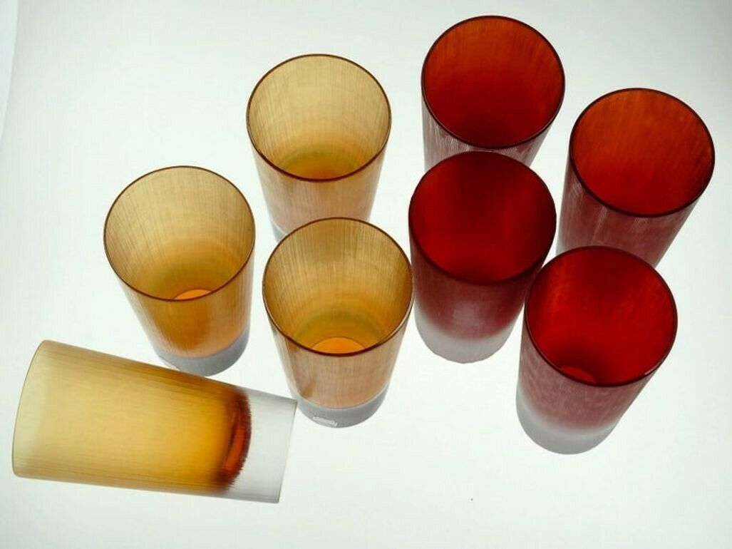 Cenedese, 8 Tumblers Red Or Amber, Incisi Velati Heavy Sommerso Murano Glass photo vinterior