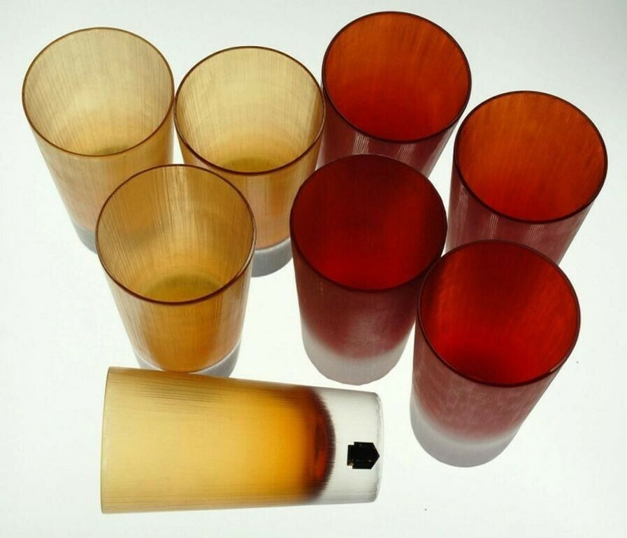 Home Decor Cenedese, 8 Tumblers Red Or Amber, Incisi Velati Heavy Sommerso Murano Glass photo
