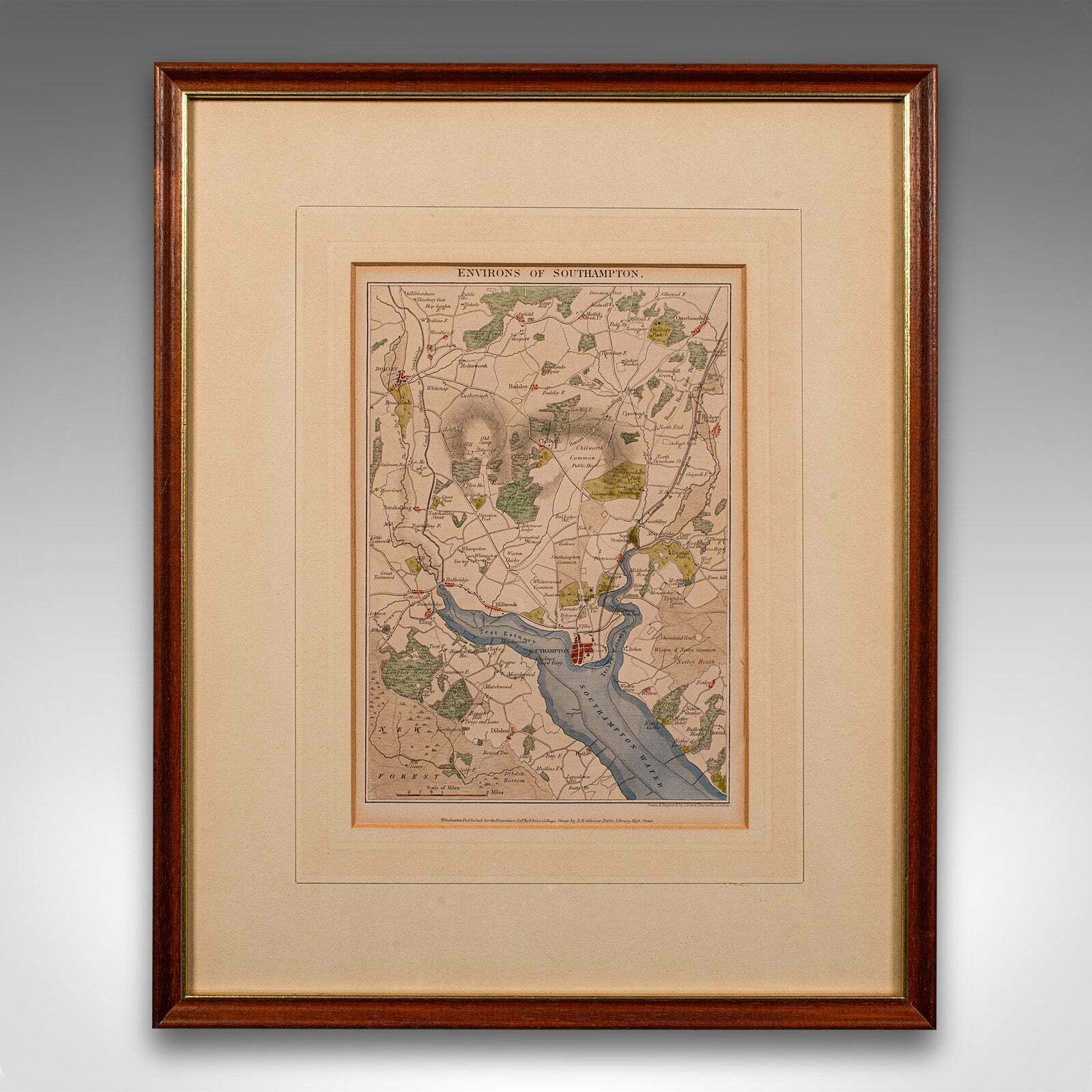 Antique Lithography Map, Environs Of Southampton, English, Framed, Victorian photo furniture