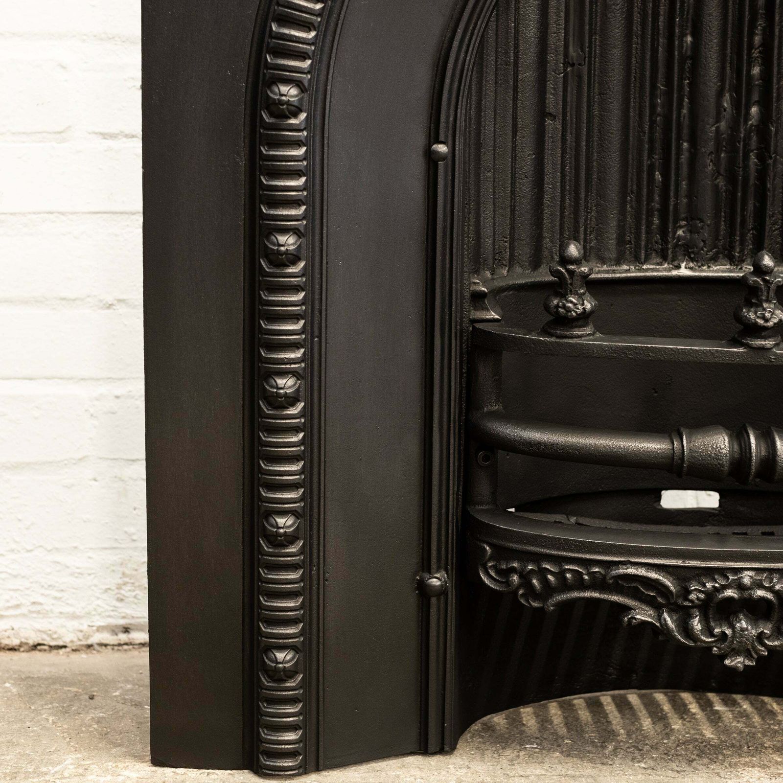 Antique Cast Iron Arched Fireplace Insert With Finials photo vintage