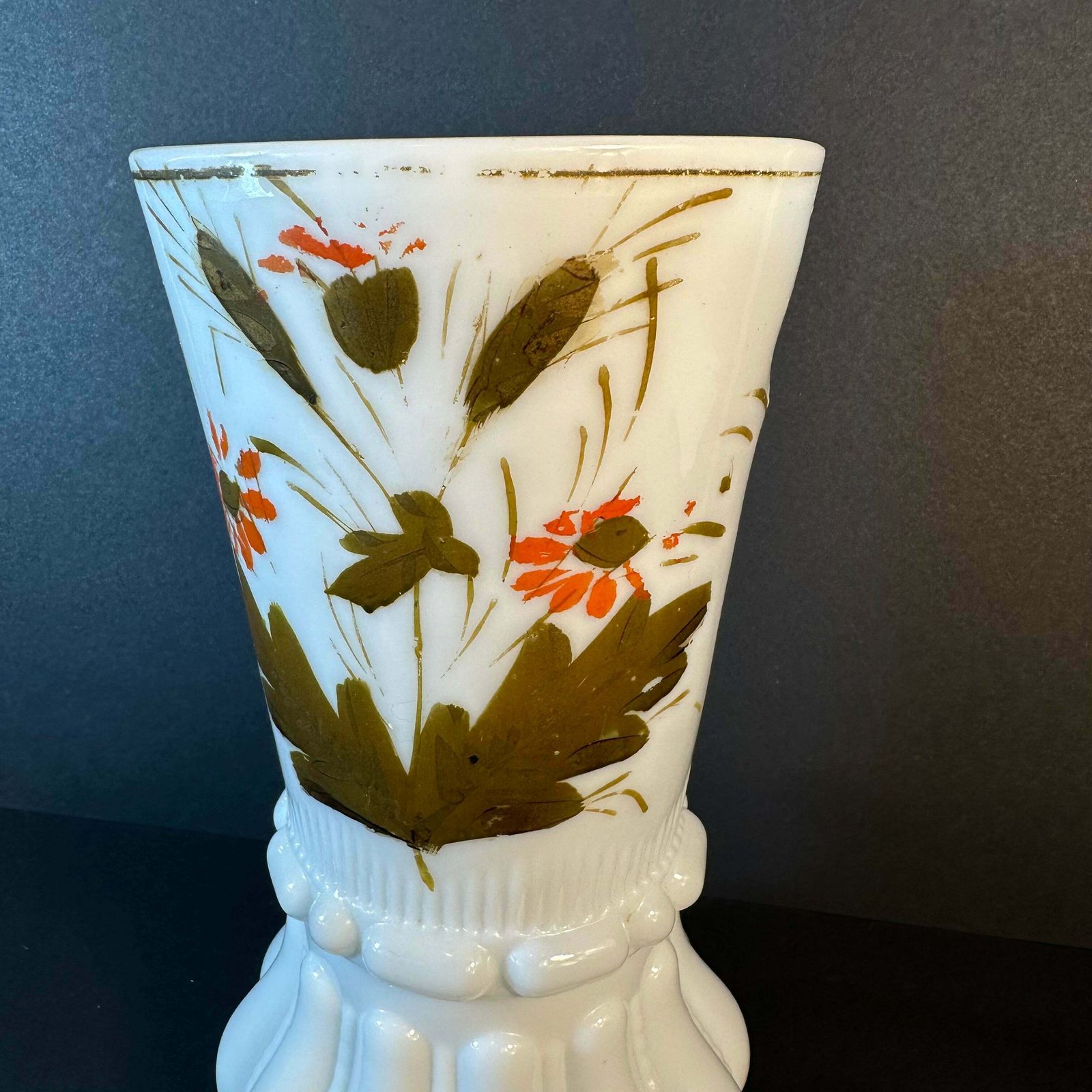Beautiful French Antique White Milk Glass Vase Handpainted Gold/Orange photo Home Decor