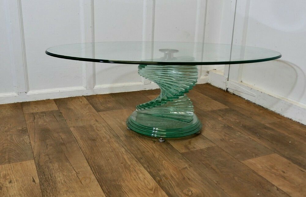 1970s Retro Design Glass Coffee Table Set On A Glass Spiral Helix photo furniture