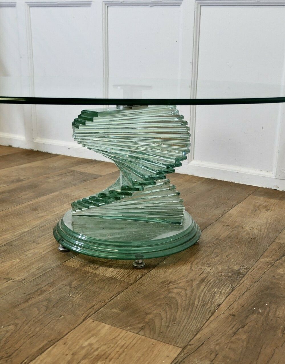 1970s Retro Design Glass Coffee Table Set On A Glass Spiral Helix photo buy