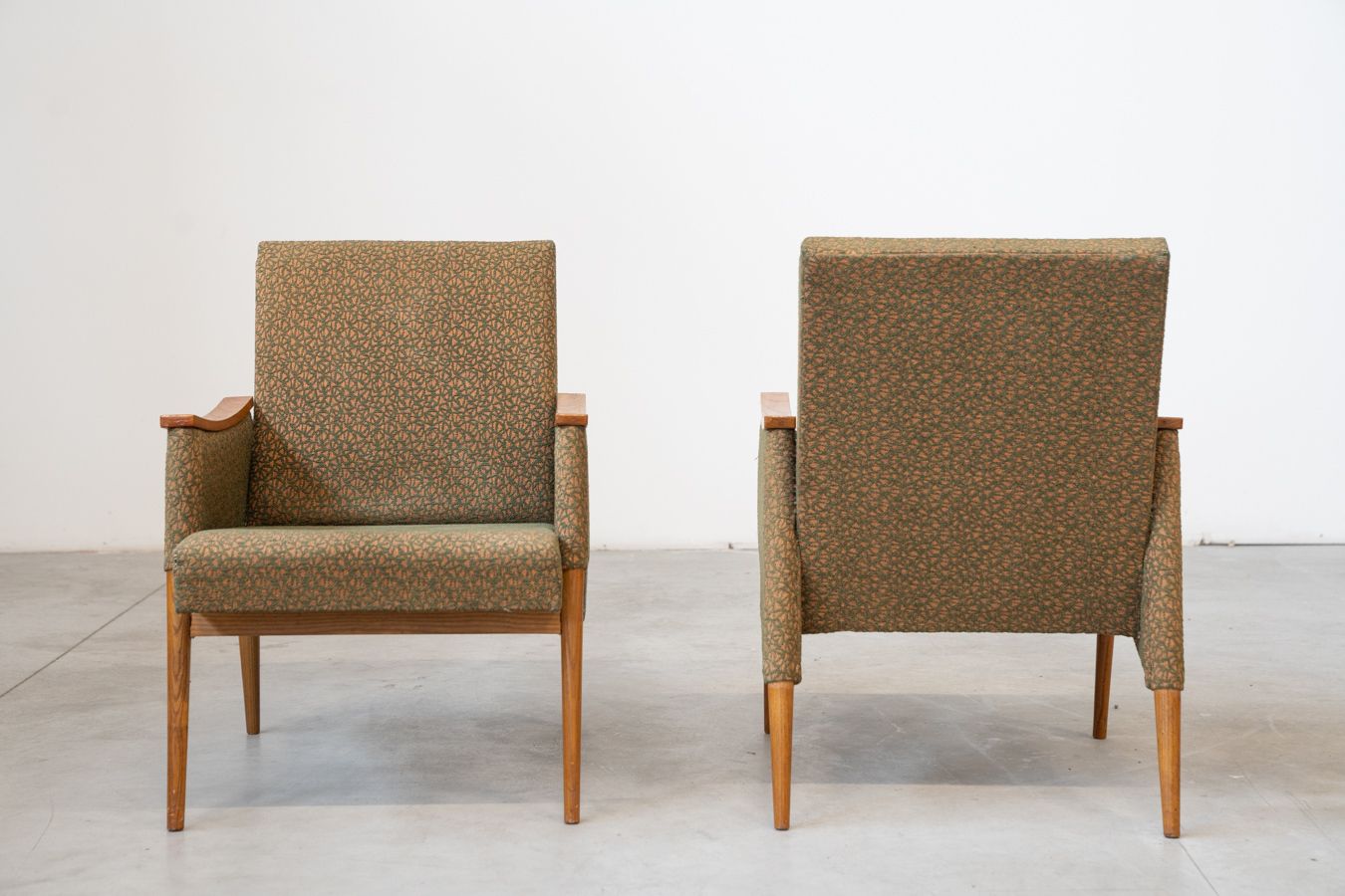 Pair Of Vintage Oak Armchairs And Embossed Fabric, With Certificate Of Authenticity Former Czechoslovakia, 1970s photo for sale