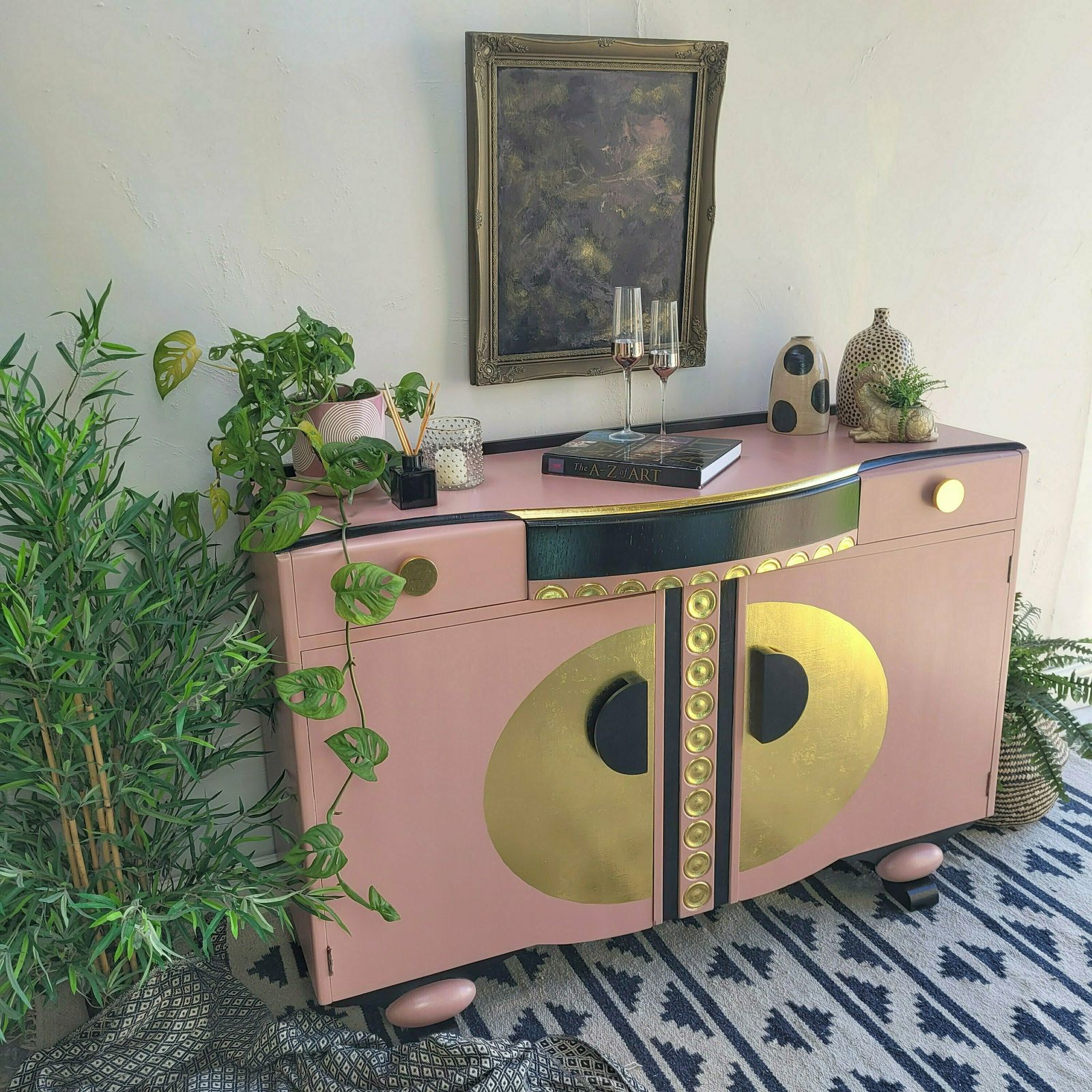 Commission Item! Sideboard  Pink   Black   Gold  Hand Painted   Gold Leaf Design   Vintage   1960s photo 795.0