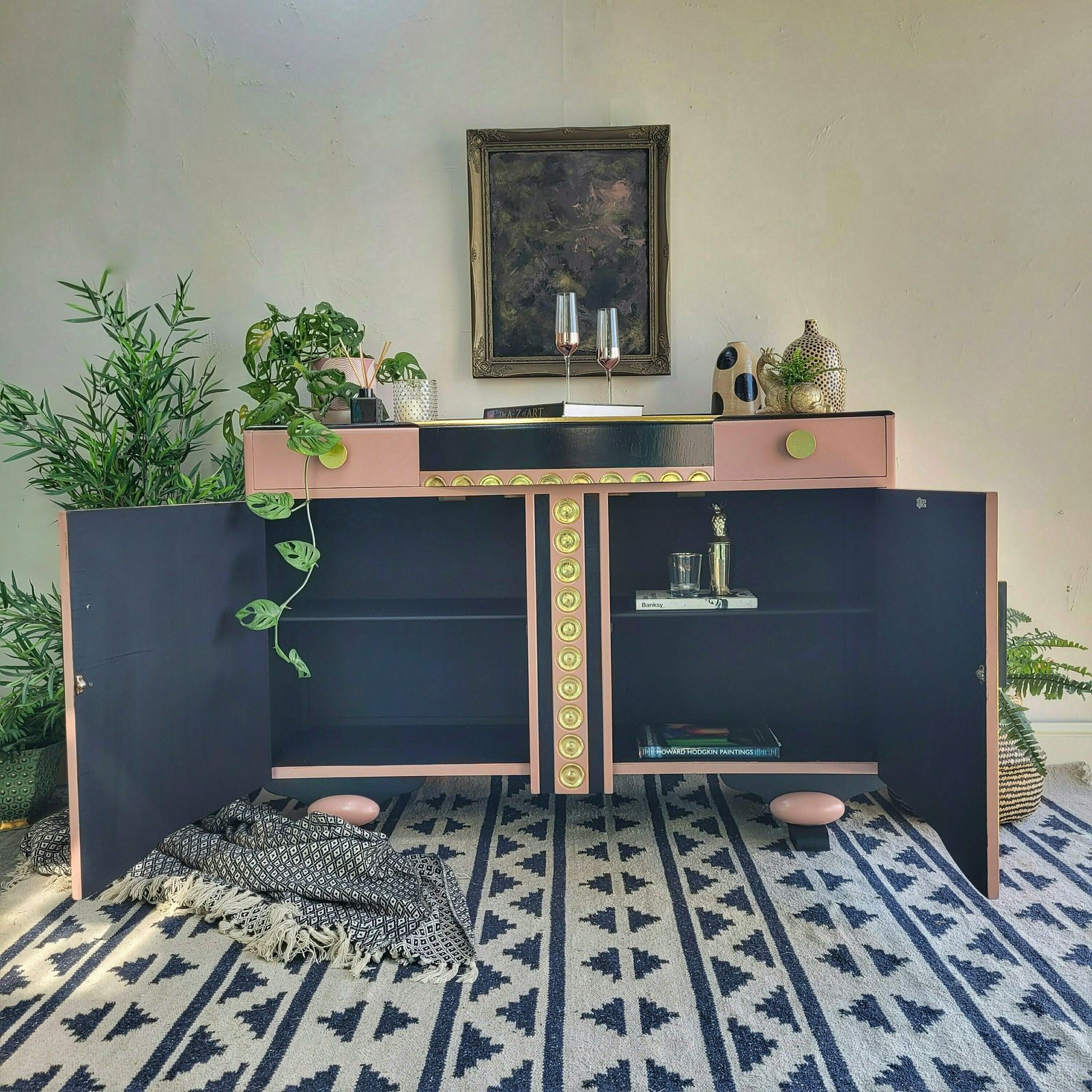 Commission Item! Sideboard  Pink   Black   Gold  Hand Painted   Gold Leaf Design   Vintage   1960s photo buy