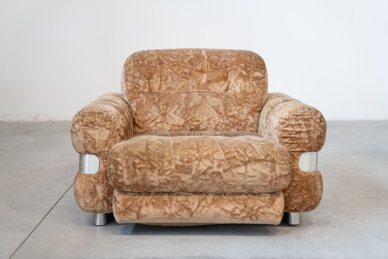 Piazzesi Style Chenille Armchair With Brushed Aluminum Profiles   70s