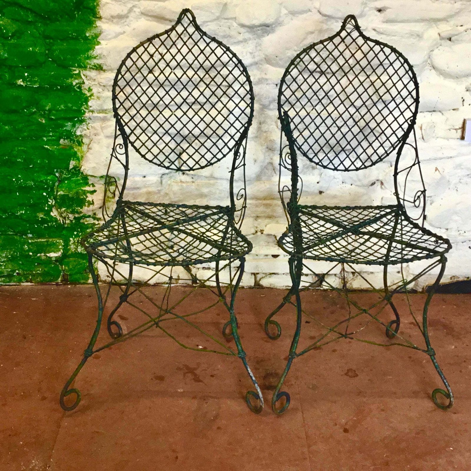 photo furniture Fabulous Pair Of Antique Early English Wirework Garden/Conservatory Chairs.