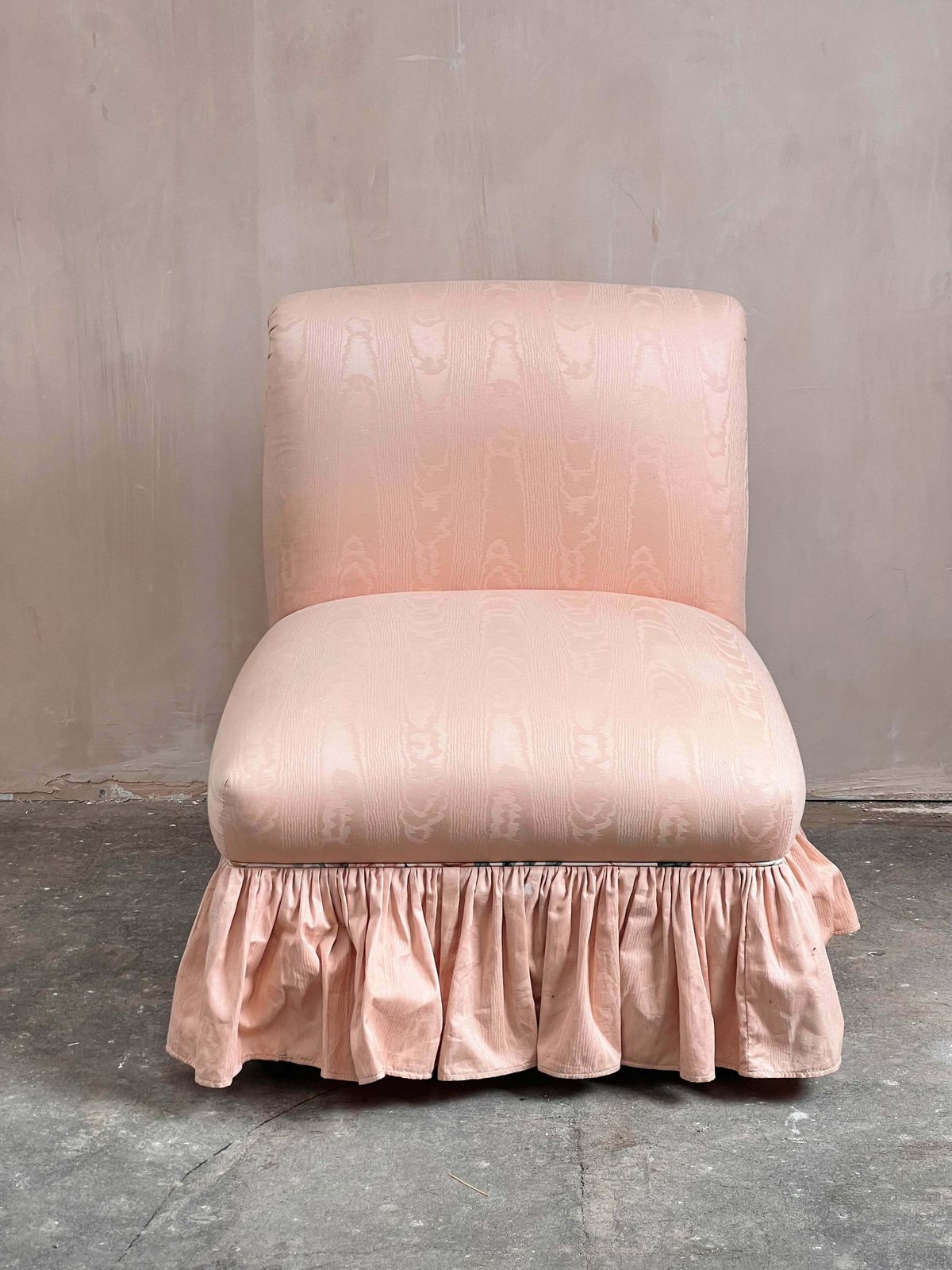 1980s American Blush Pink/Peach Moire Large Silk Frilly Chair photo for sale