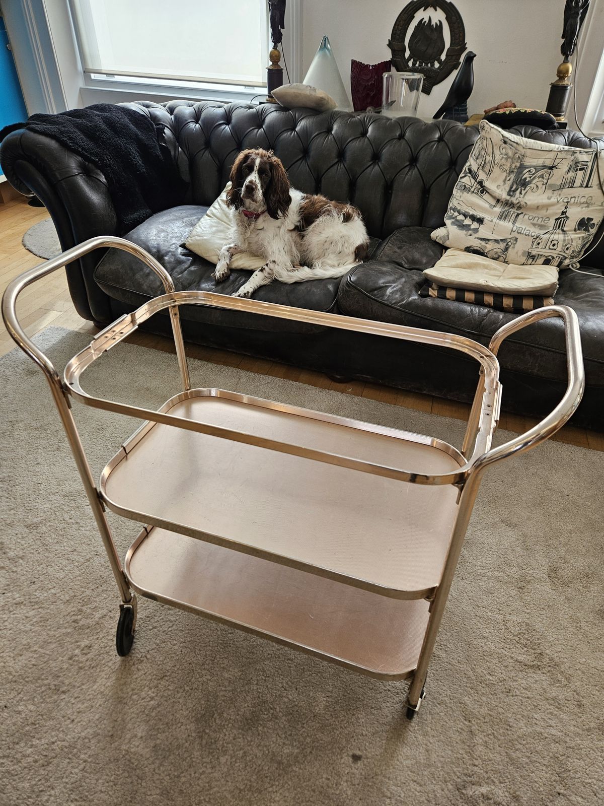 photo furniture Vintage Pink Anodised Trolley | Plyware | 3 Shelves | Lift Out Upper Section | Excellent