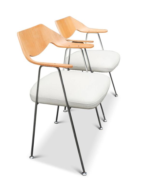 Pair Of Hille By British Designer Robin Day Model 675 Bent Oak Plywood & Chrome Easy Chair With White Leather Seats 1960's Made In England Ol photo Furniture