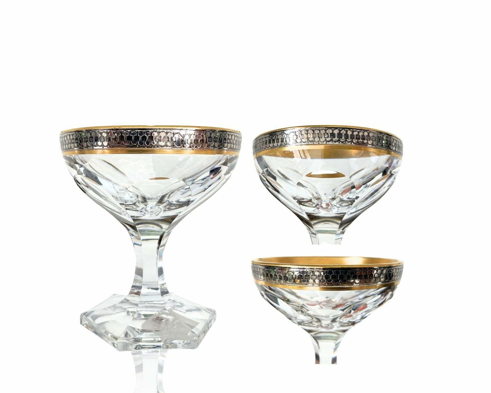 Crystal Heavy Cordial Glasses | 5pcs | Rare Titanium Trim | Lady Hamilton Style | Hexagon Foot