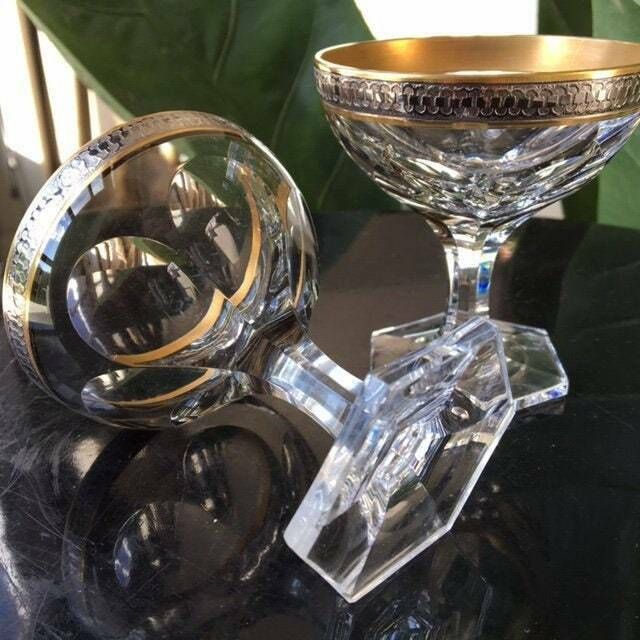 Crystal Heavy Cordial Glasses | 5pcs | Rare Titanium Trim | Lady Hamilton Style | Hexagon Foot photo buy