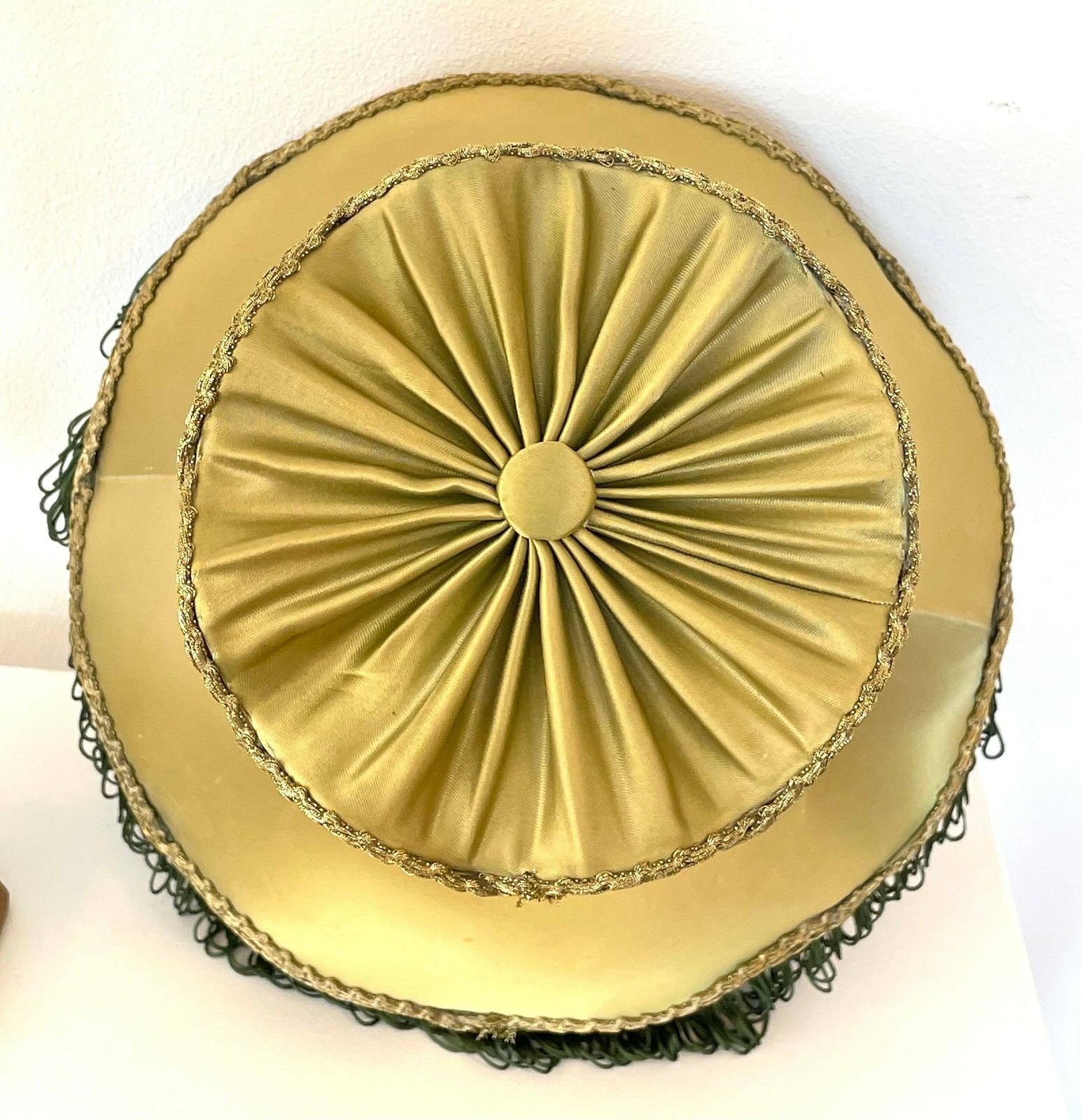 Majestic Danish Mid Century Vintage 1960s Solid Carved Wood Table Lamp With Gorgeous Green And Gold Fabric Shade In Elegant Design Details photo buy