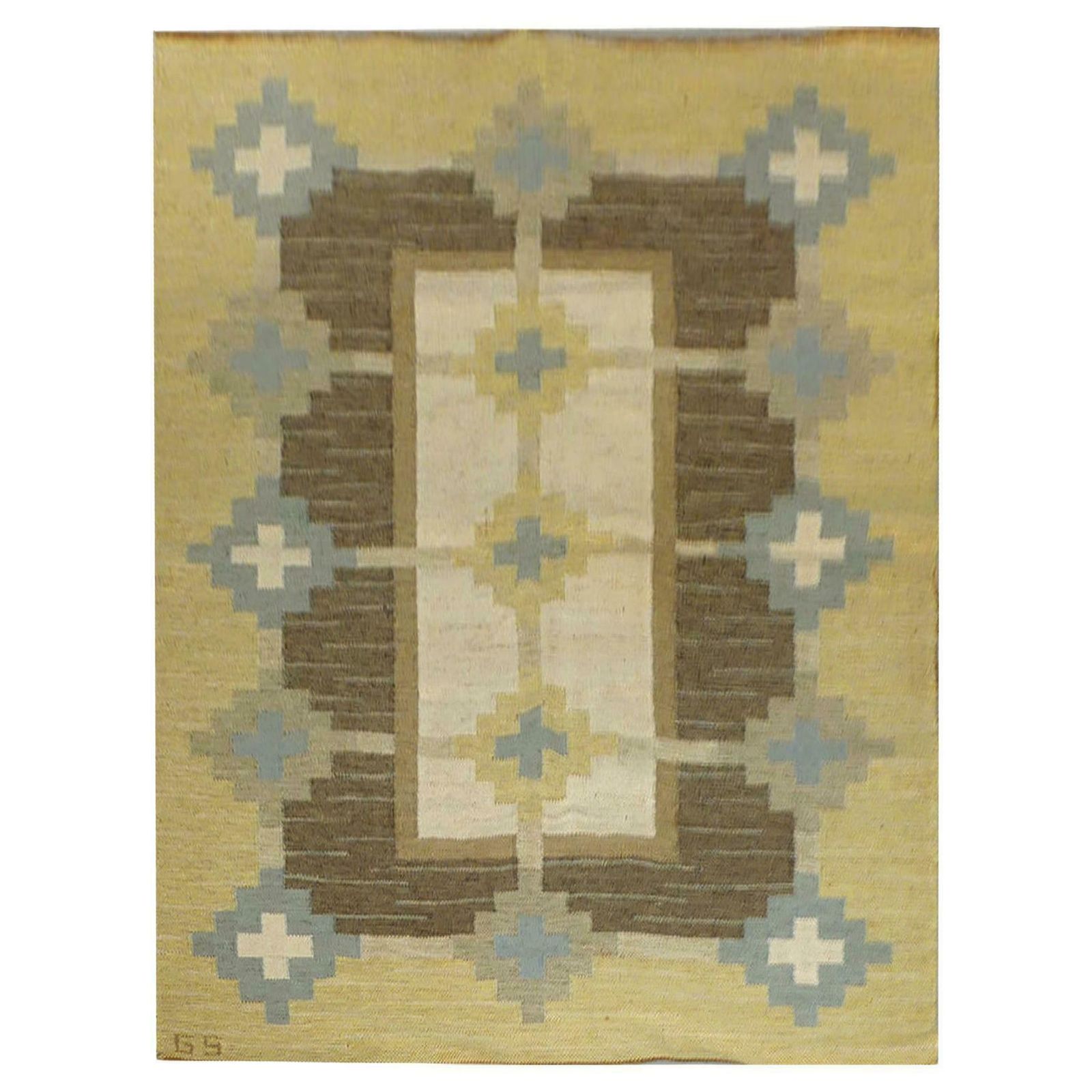 Swedish Kilim Flat Weave Rug Yellow, Signed Gs Sverker Greuholm Geometric