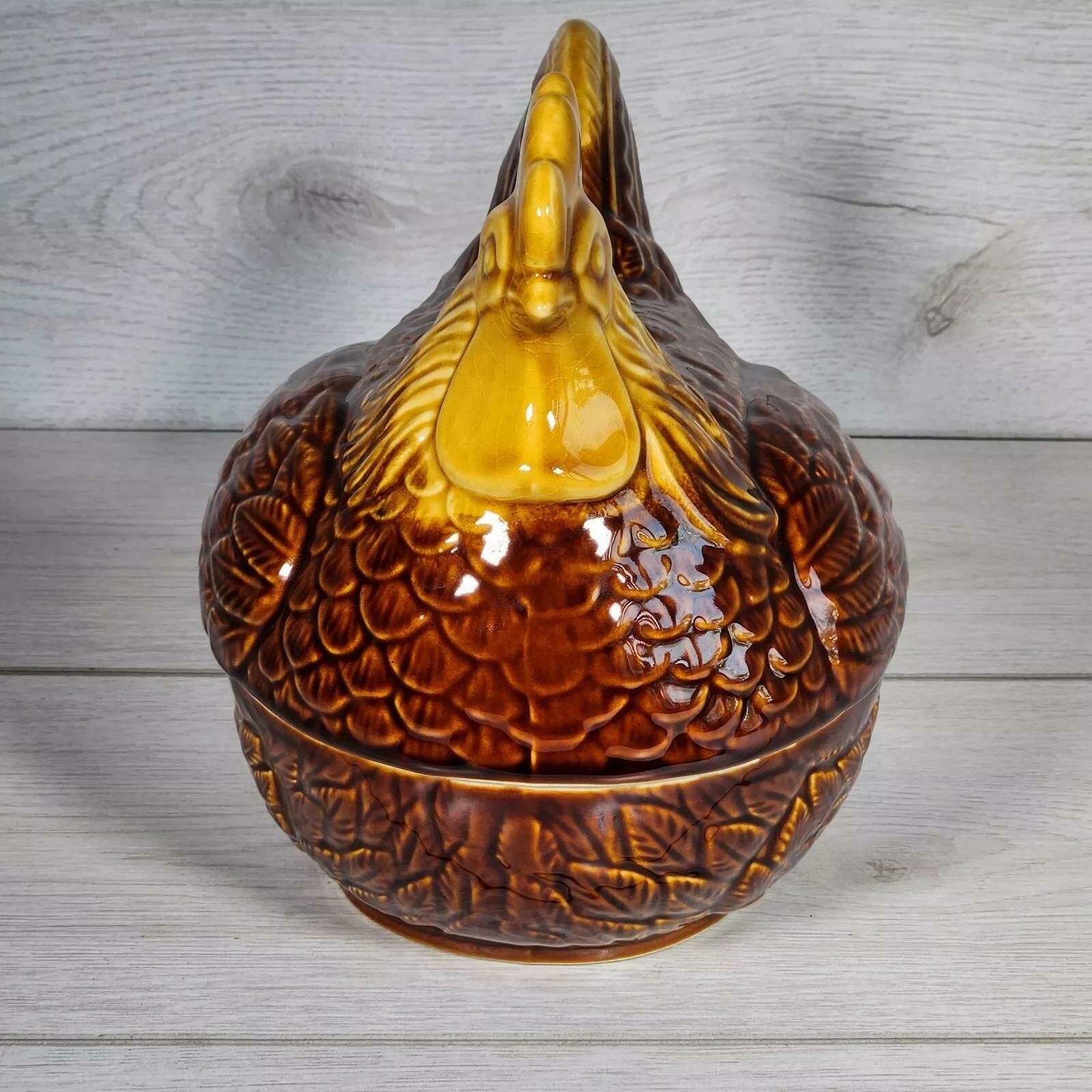 Chicken Hen Egg Holder Farmhouse Country Home Decor Japan Brown Glaze Vtg Dish photo vinterior