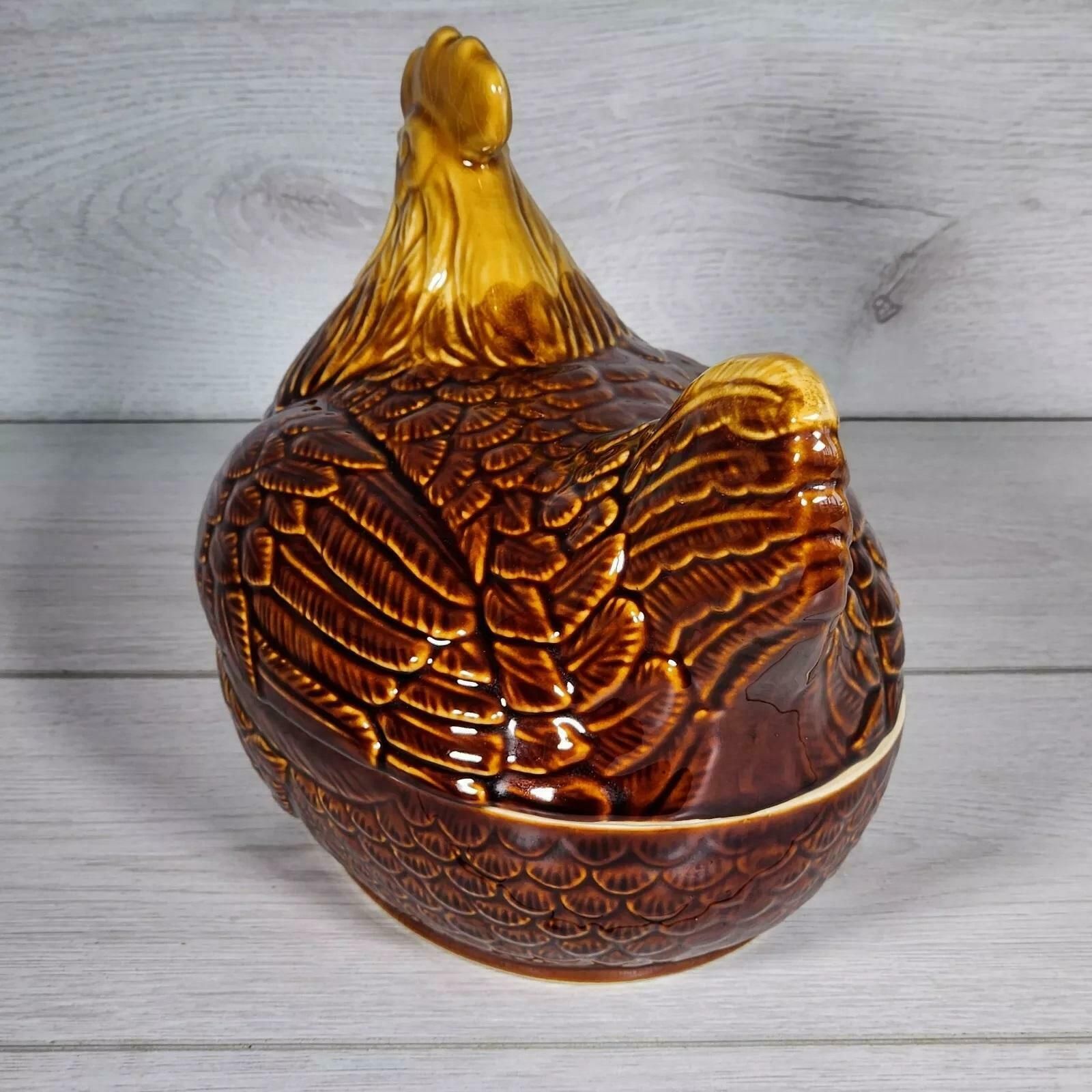 Chicken Hen Egg Holder Farmhouse Country Home Decor Japan Brown Glaze Vtg Dish photo vintage