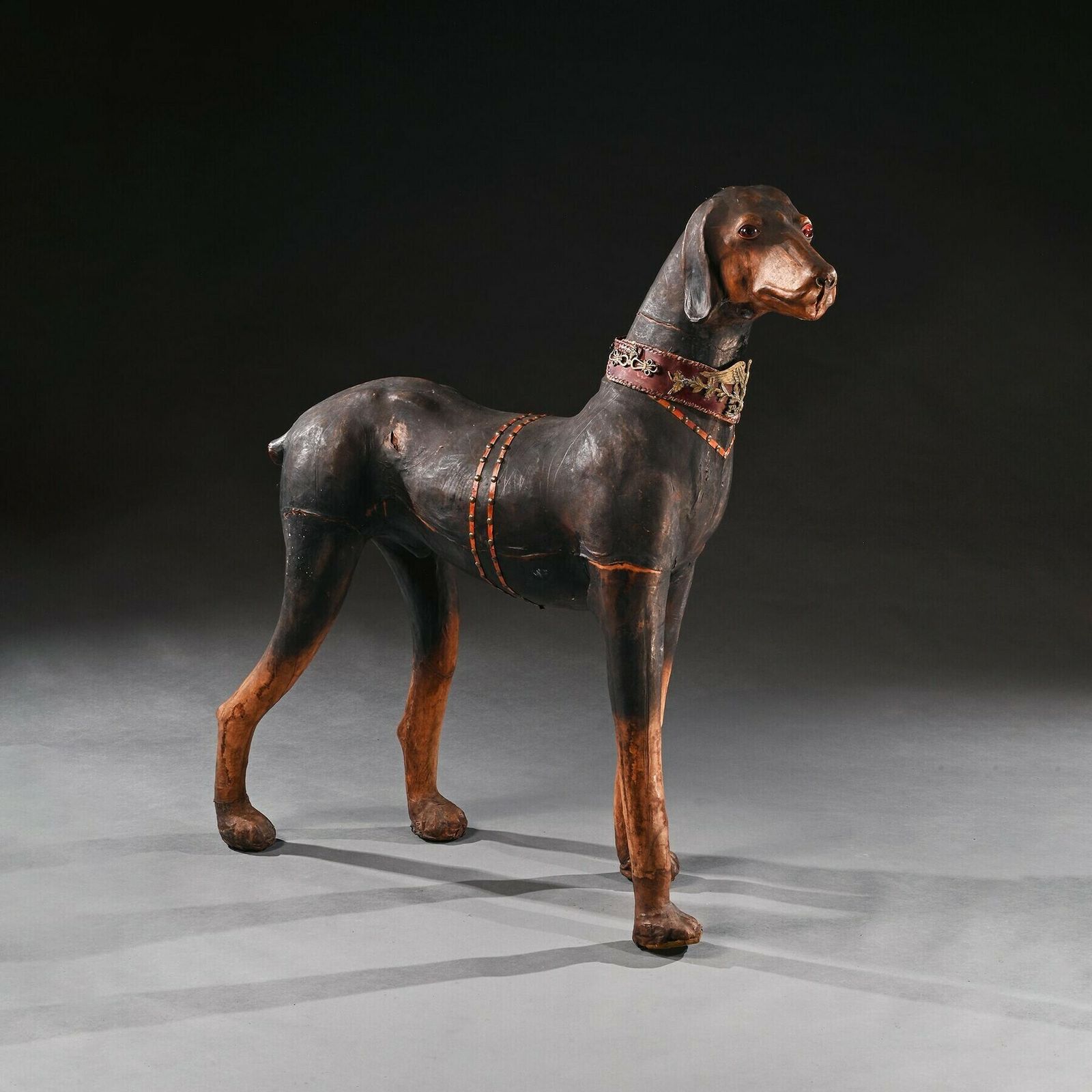 An Extraordinary Huge French Leather Model Of A Doberman Pinscher Dog Wearing Elaborate Collar With Ormolu Mounts And Harnesses photo vinterior