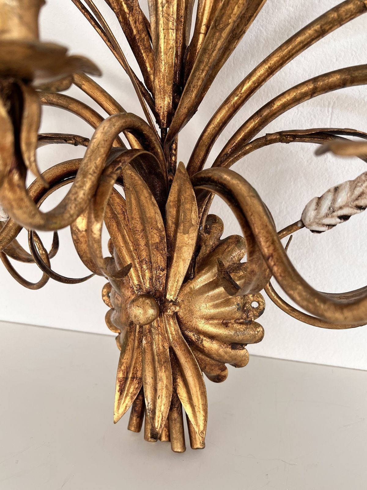 Large Gilt Wall Sconce With Wheat Sheaf And Original Lampshades, 1970s photo vinterior