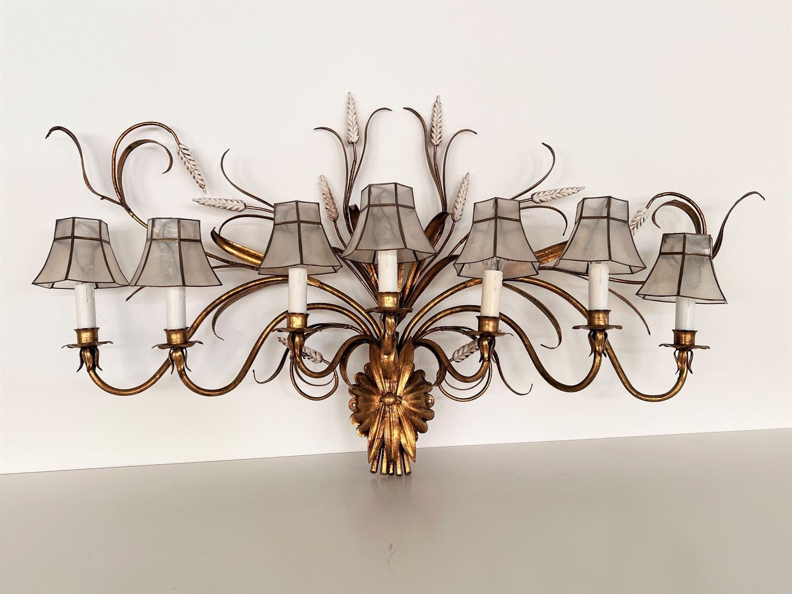 Large Gilt Wall Sconce With Wheat Sheaf And Original Lampshades, 1970s photo buy