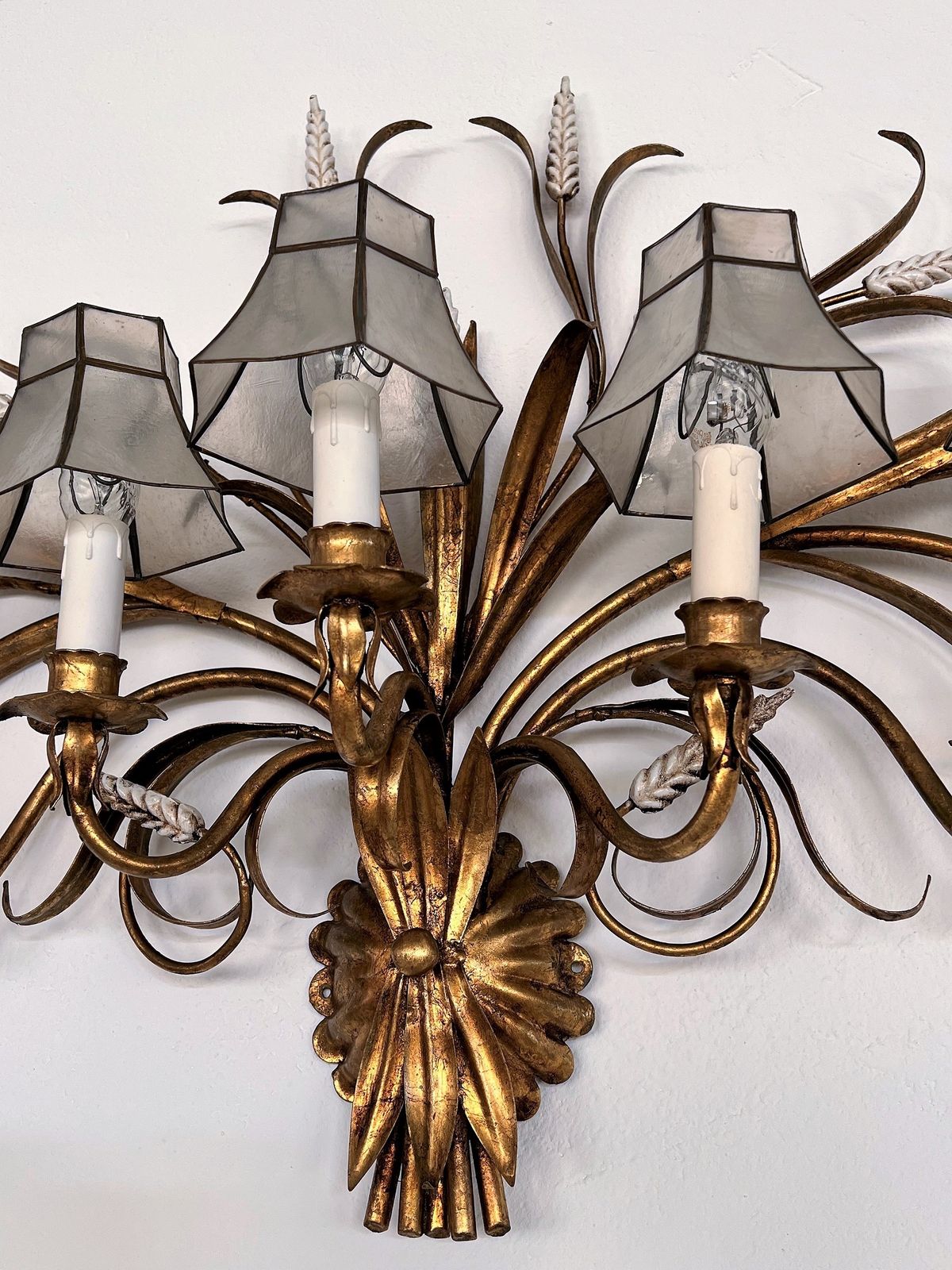 photo for sale Large Gilt Wall Sconce With Wheat Sheaf And Original Lampshades, 1970s