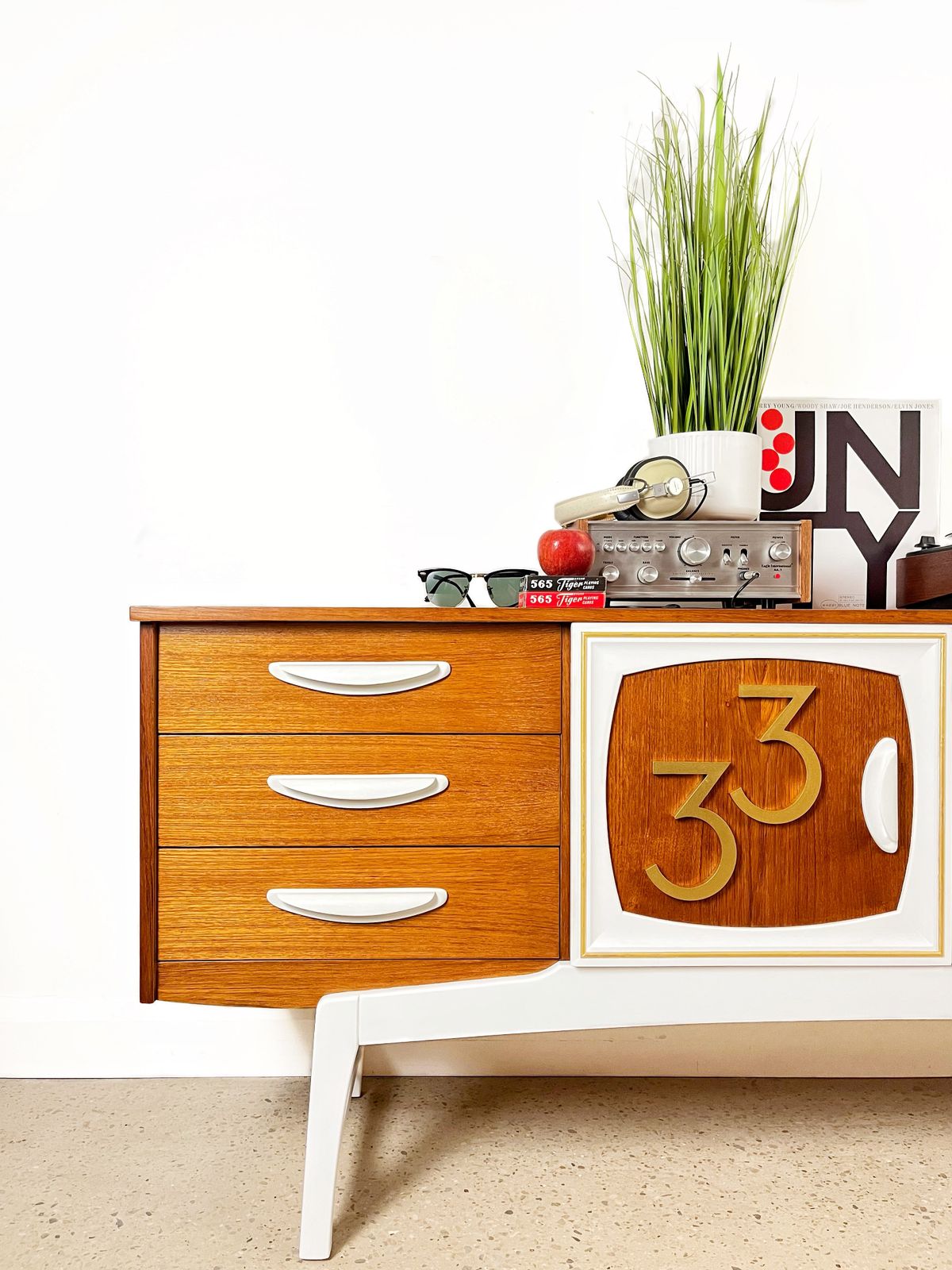 Mid Century Teak Vinyl Record Cabinet By Stonehill In Gold And White With 3d Rpm Numerals photo vintage