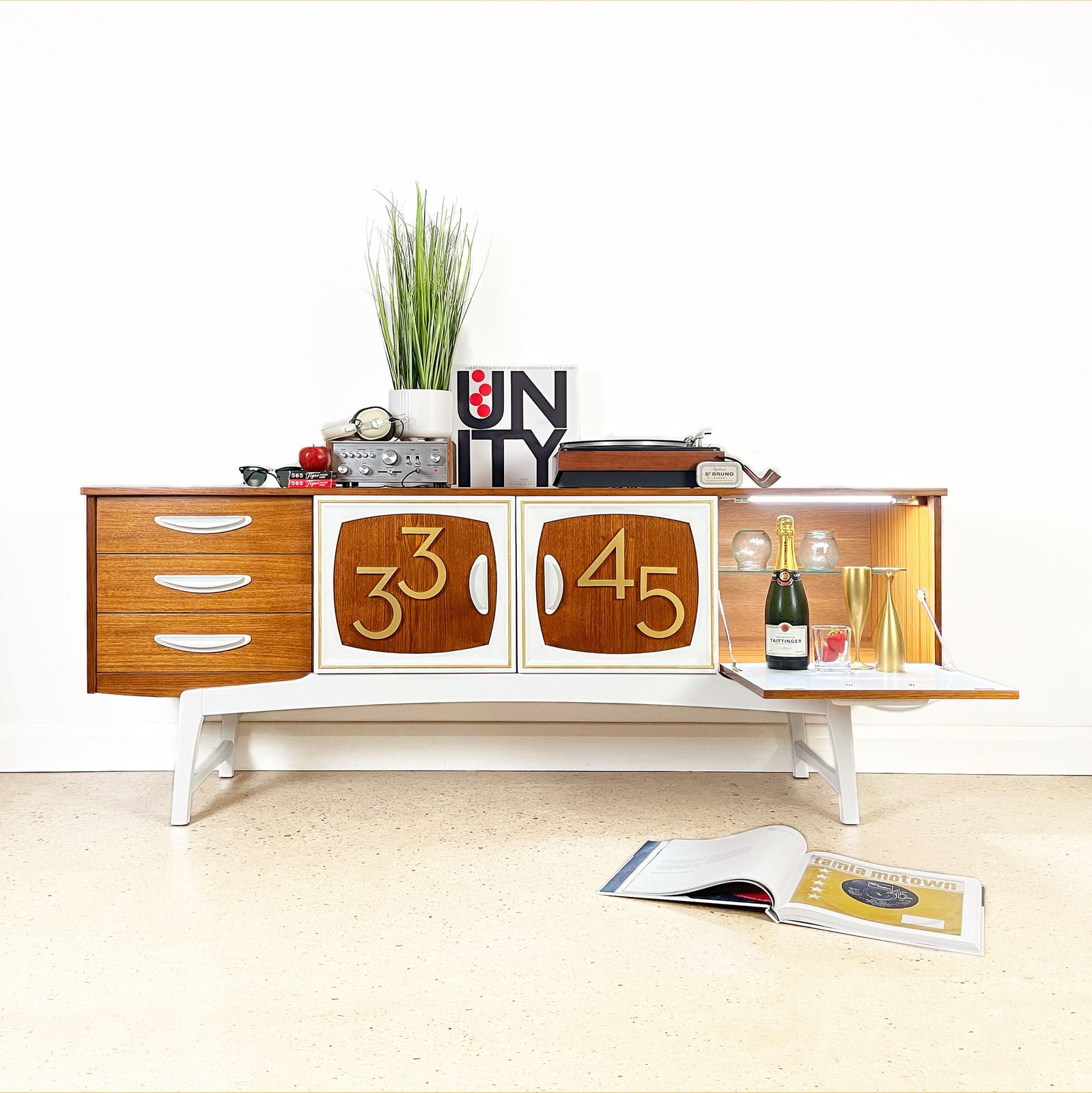 photo vintage Mid Century Teak Vinyl Record Cabinet By Stonehill In Gold And White With 3d Rpm Numerals