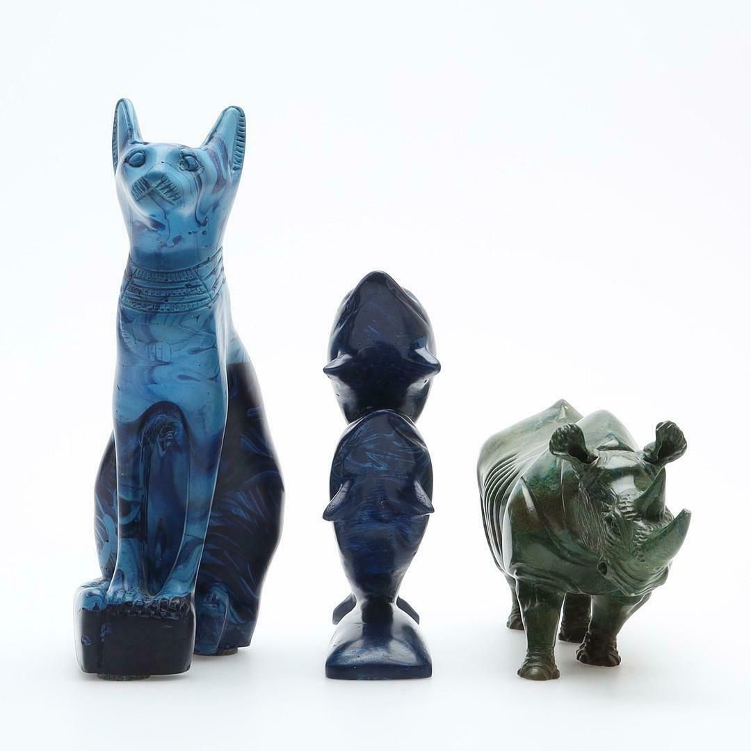 A Set Of 3 Antique Sculpture Decorative Stone Figurine Of Cat Rhinoceros Dolphin photo 680.0