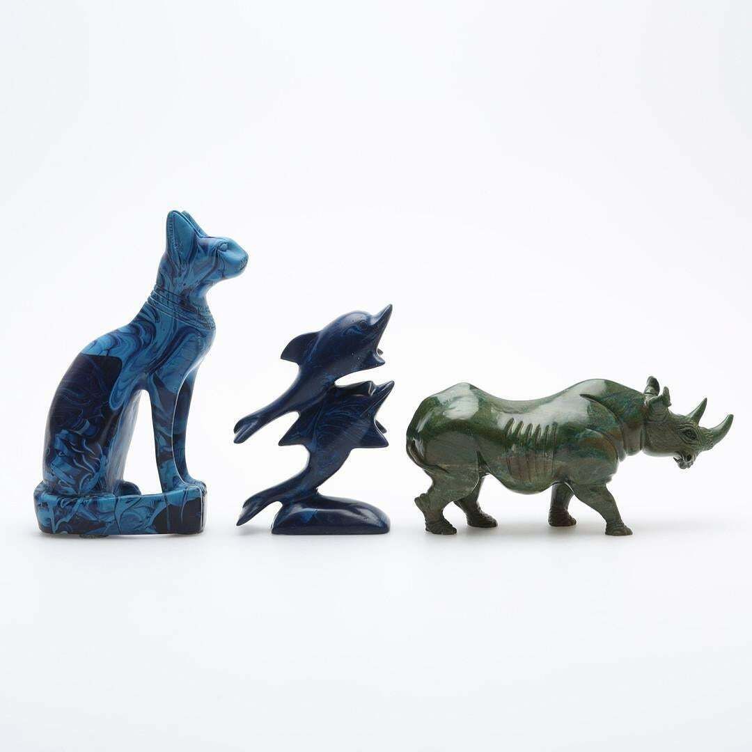 A Set Of 3 Antique Sculpture Decorative Stone Figurine Of Cat Rhinoceros Dolphin photo vinterior