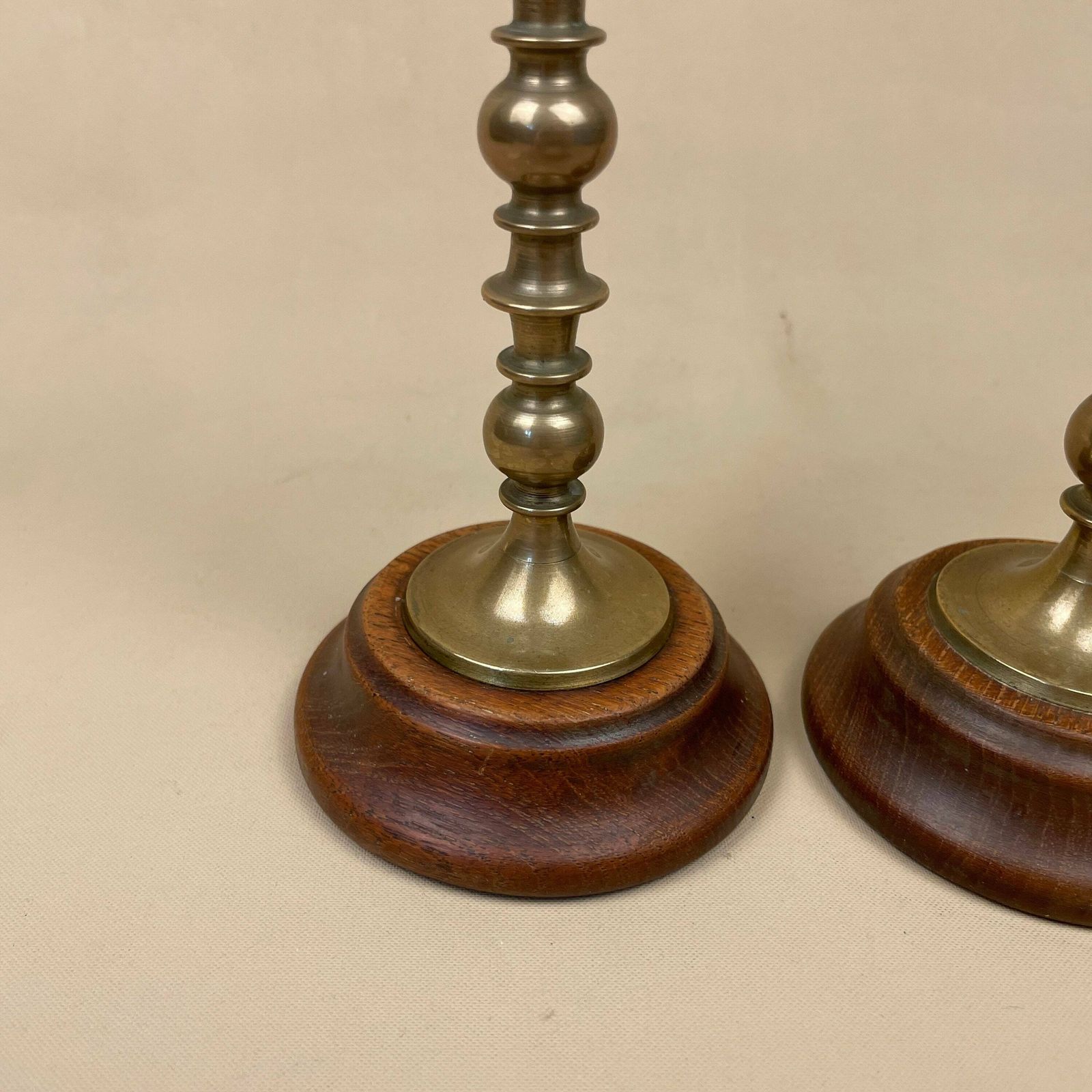Antique Matching Pair Of Gold Solid Brass Metal Candlestick Candle Stick Vintage Column Taper Dinner Candlesticks Wood Wooden Base photo 59.0