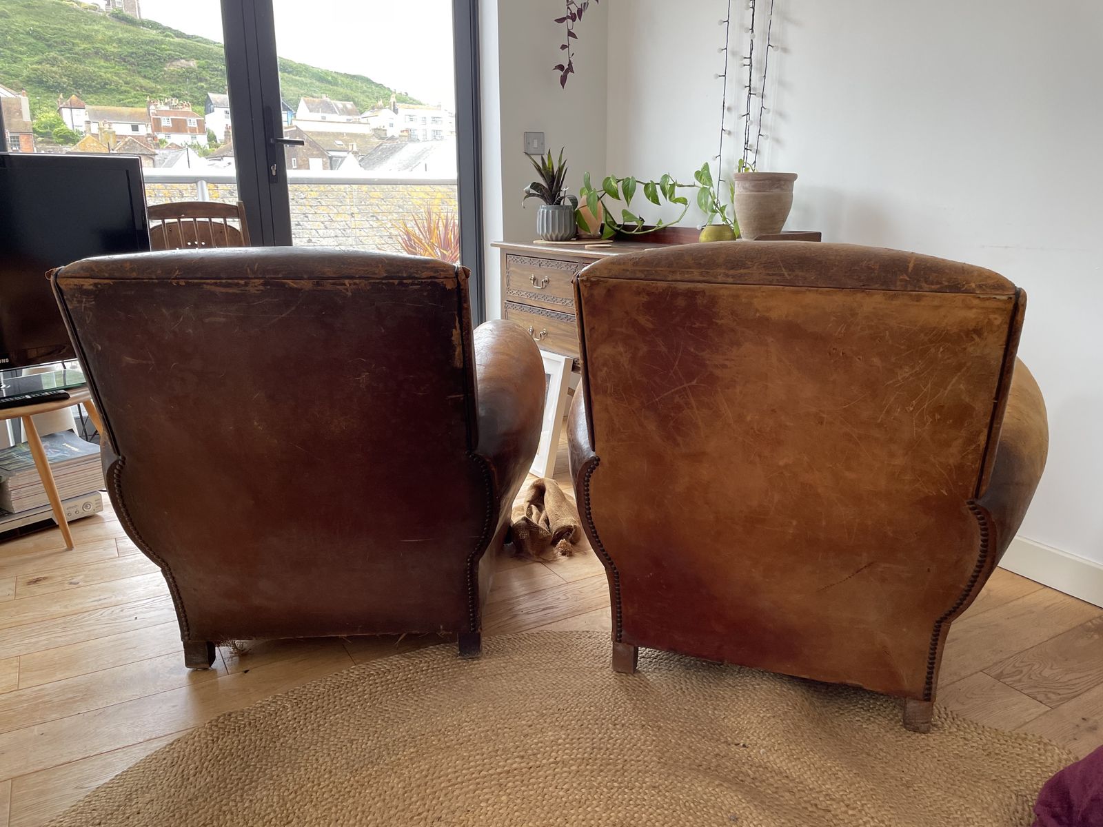 Furniture Pair Of French Brown Leather Club Chairs Circa 1920 30 Original Condition photo