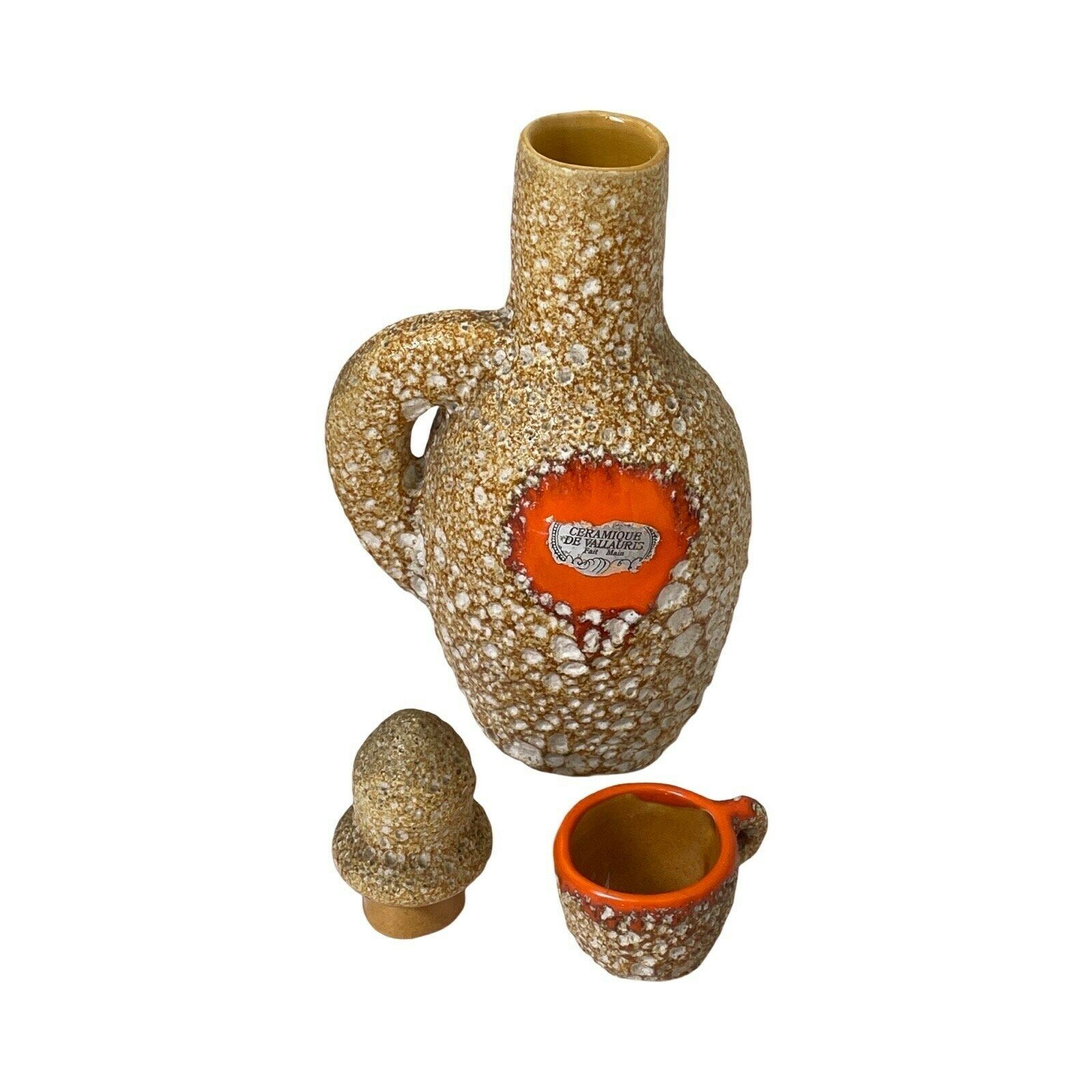 Approx. 1970's   Fat Lava / Sea Foam   Vallauris Ceramic (Marked)   Decanter And Glasses photo vinterior