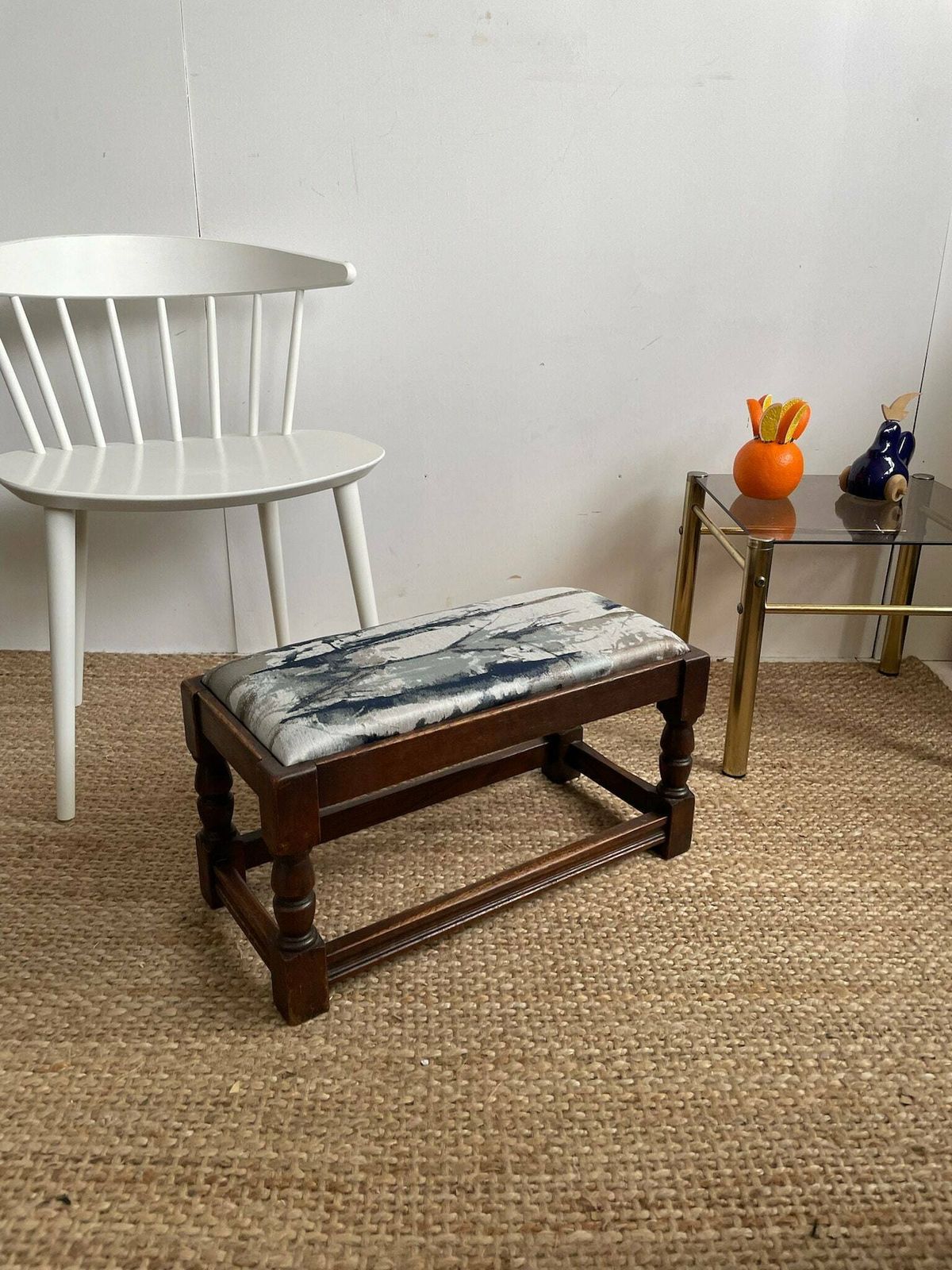Chunky Dark Wooden Footstool With Andrew Martin Ink Blue Fabric Top