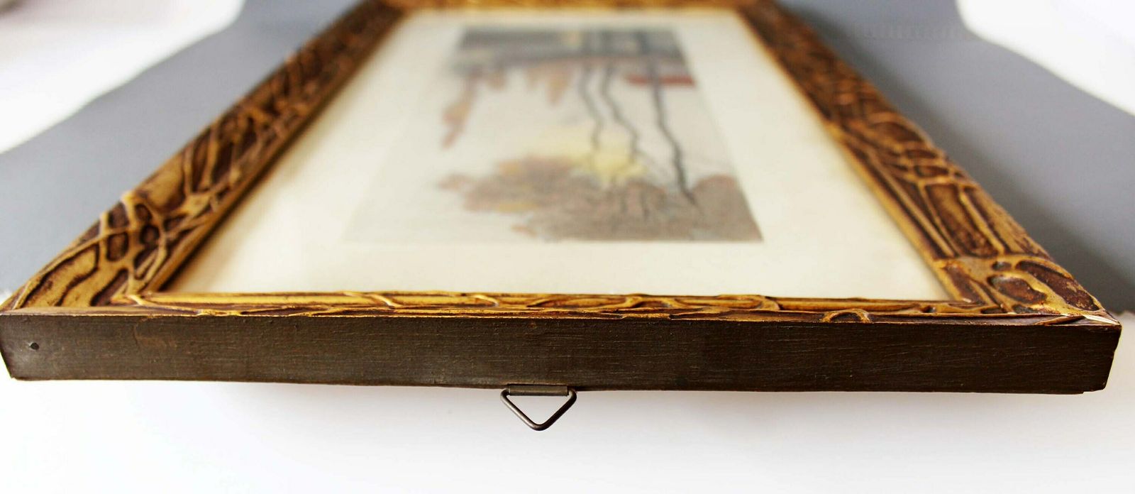 Circa 1900s Aquatint Etching, Signed By Artist Geo Doris, Carved Frame, Landscape Scenery Bridge Country Scene, photo vintage