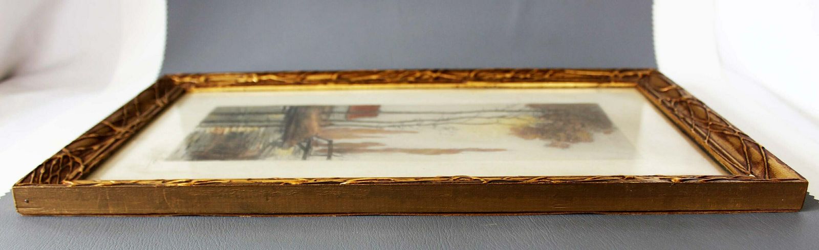 photo furniture Circa 1900s Aquatint Etching, Signed By Artist Geo Doris, Carved Frame, Landscape Scenery Bridge Country Scene,