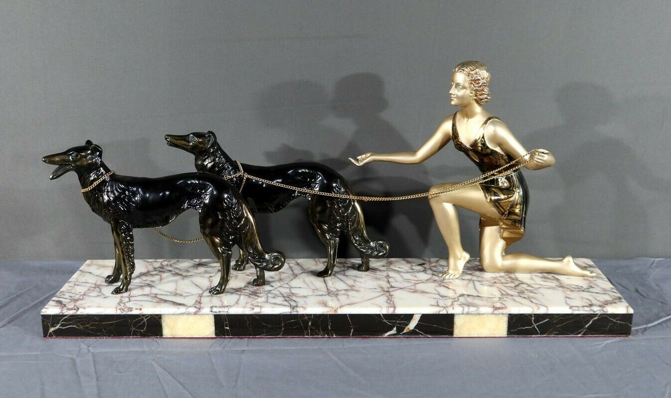 Woman With Greyhounds In Patinated Metal, Art Deco Period – 1930