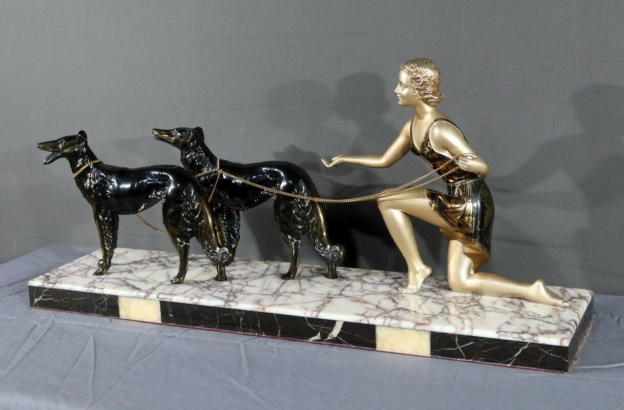 Woman With Greyhounds In Patinated Metal, Art Deco Period – 1930 photo Art
