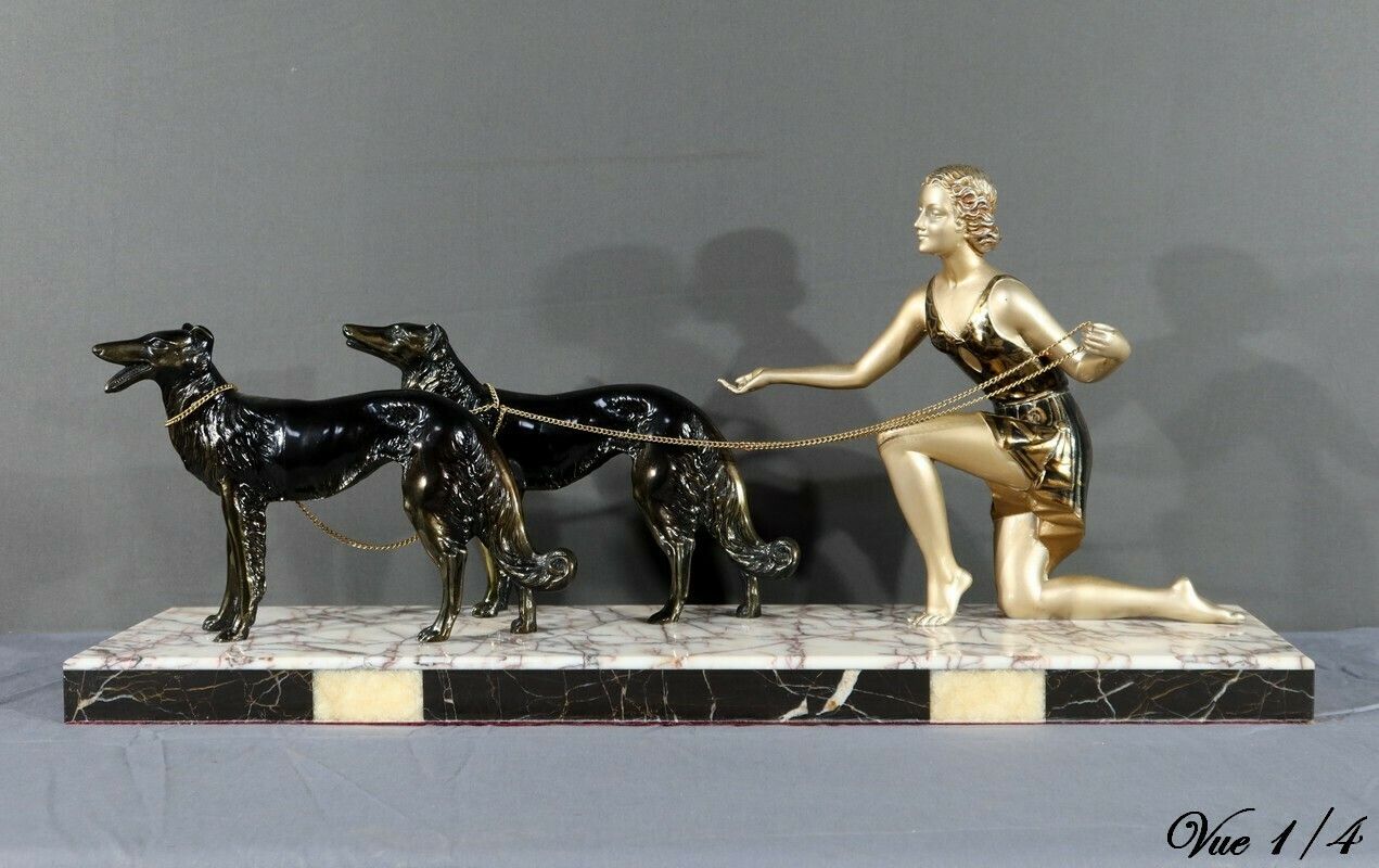 Woman With Greyhounds In Patinated Metal, Art Deco Period – 1930 photo 1100.0