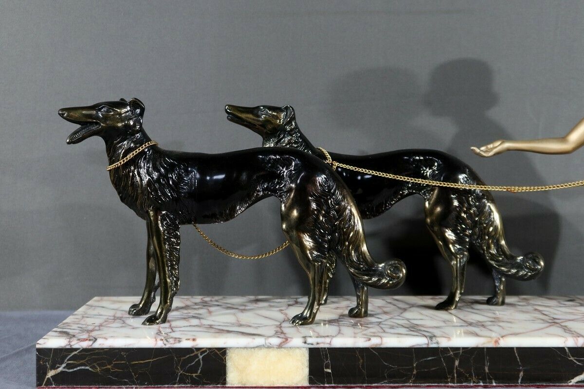 Woman With Greyhounds In Patinated Metal, Art Deco Period – 1930 photo vinterior
