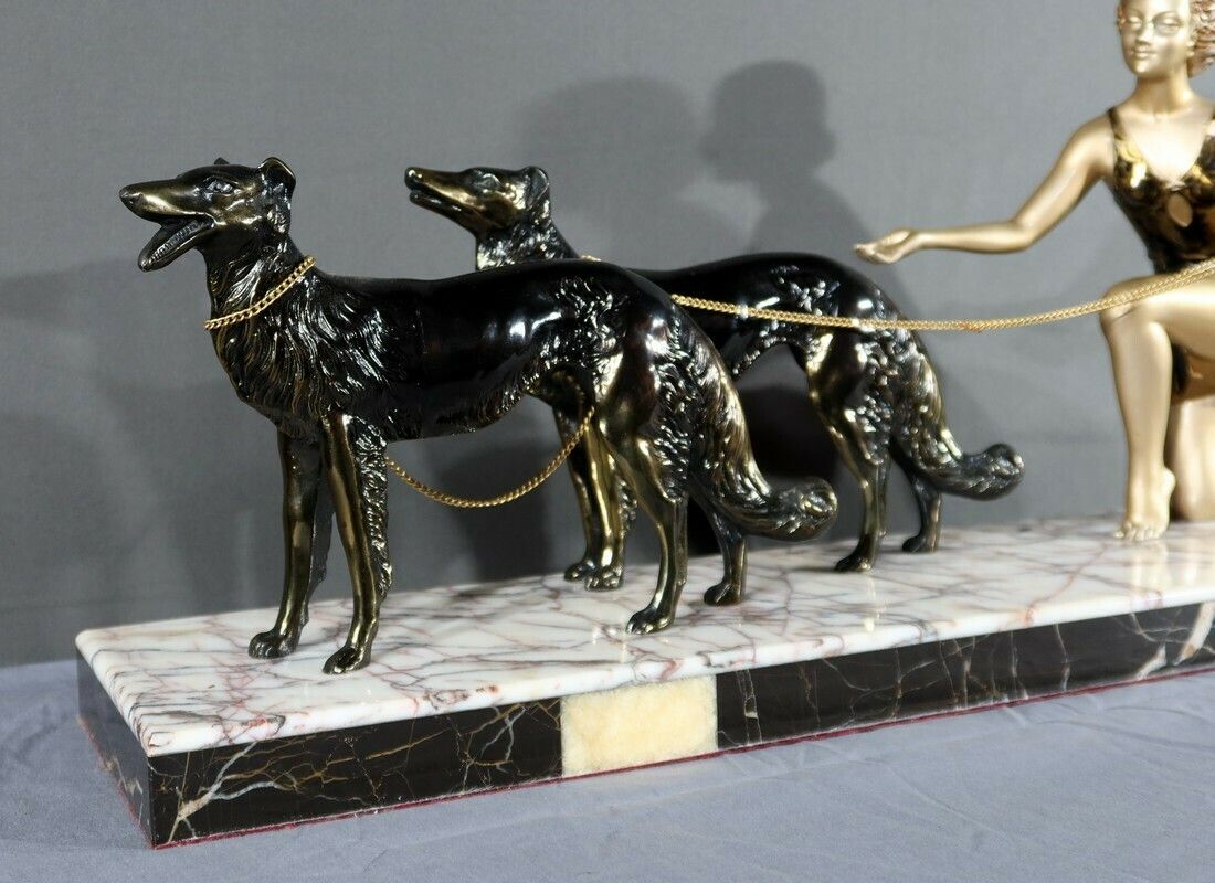 Woman With Greyhounds In Patinated Metal, Art Deco Period – 1930 photo buy